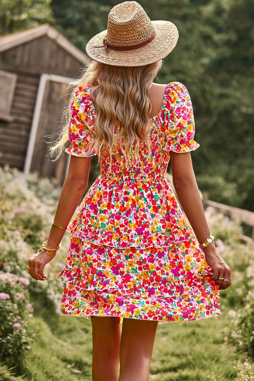 smocked sweetheart neck flounce sleeve mini dress