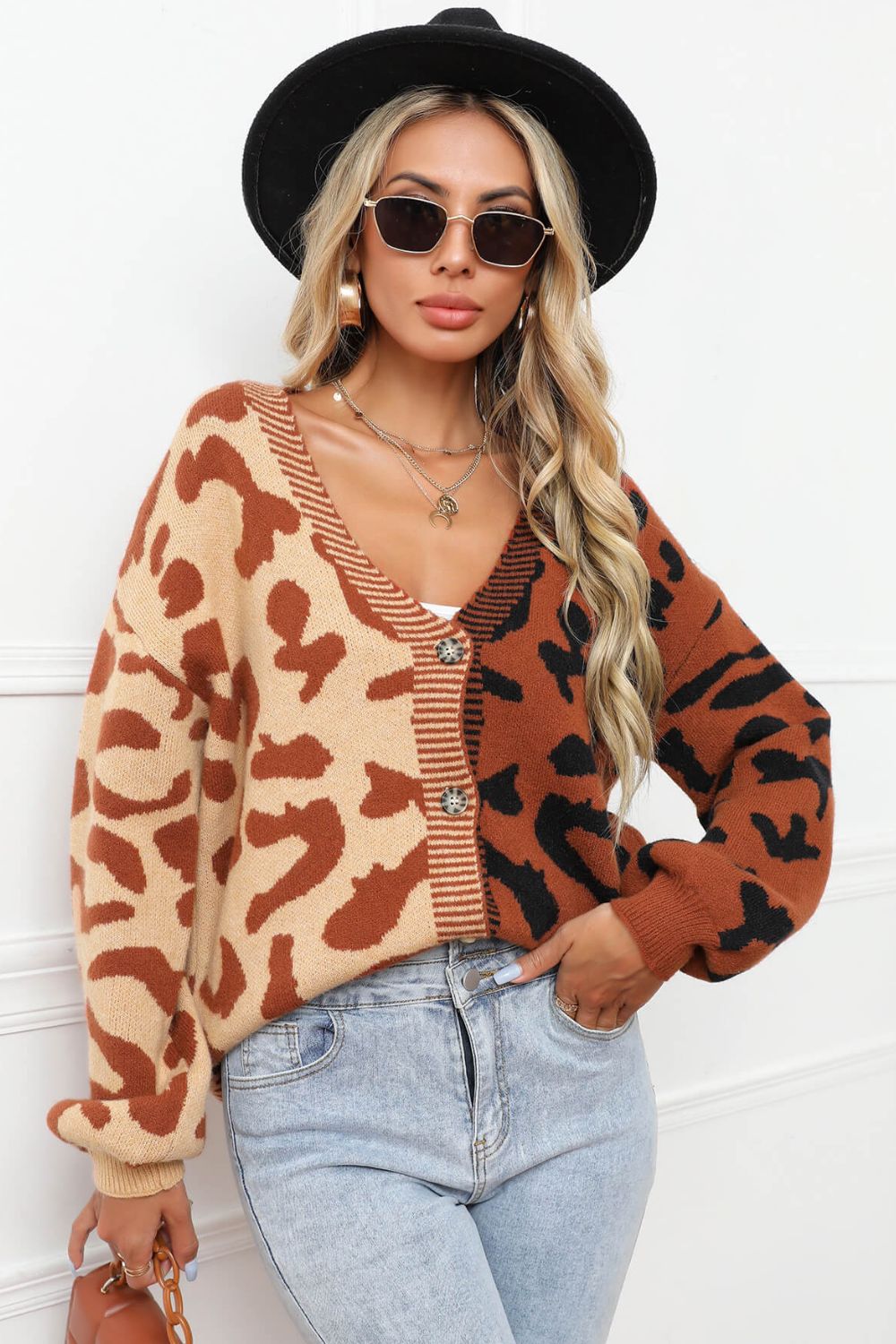 leopard button front ribbed trim cardigan