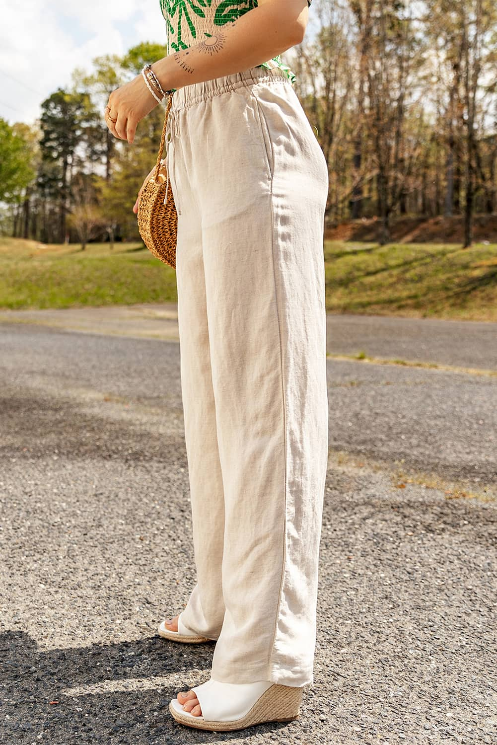 drawstring waist straight leg pants