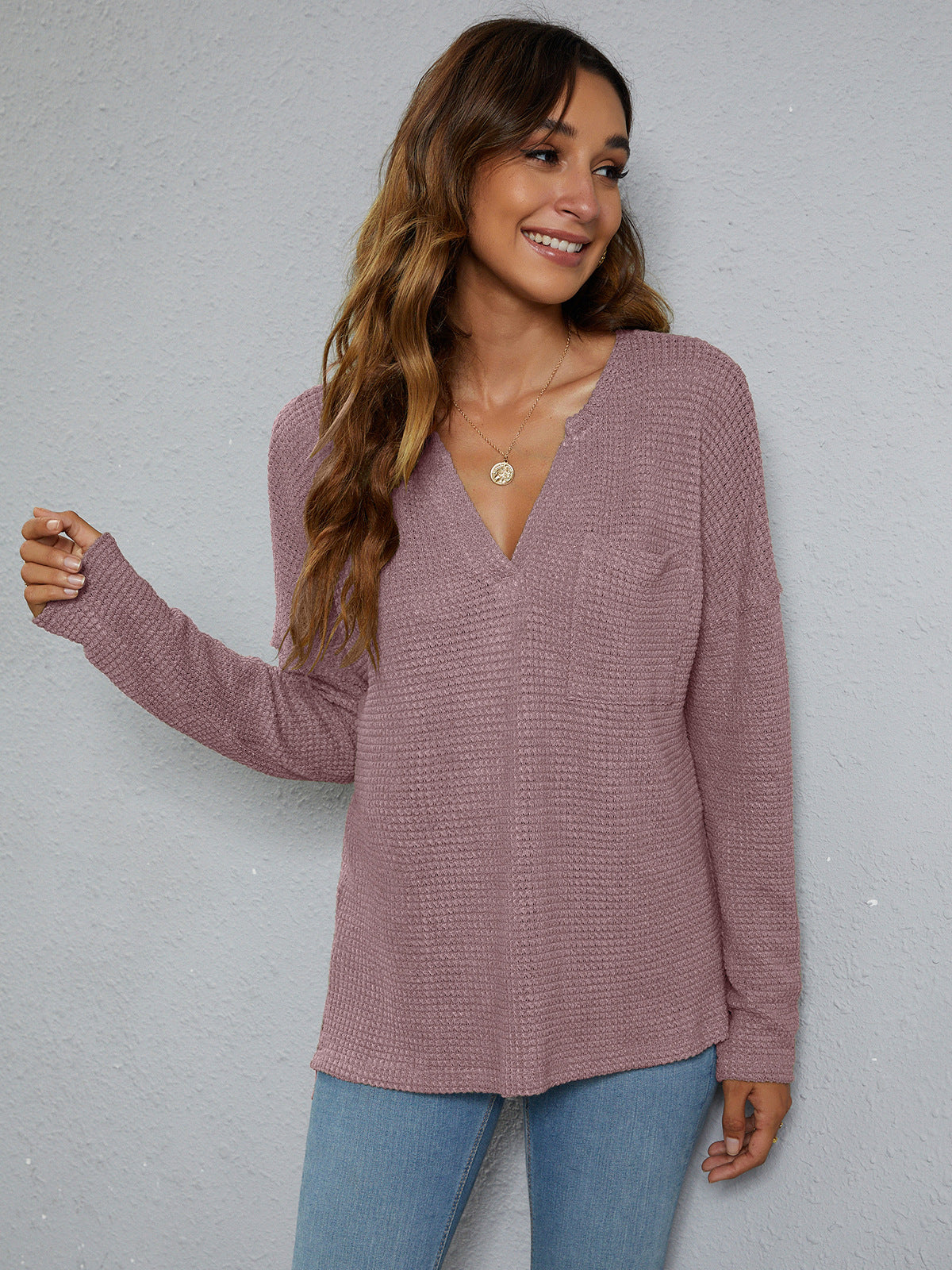 dropped shoulder high-low waffle-knit top