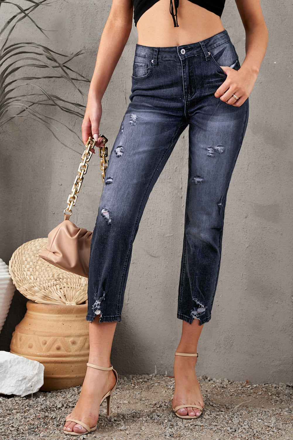 baeful distressed hem detail cropped jeans