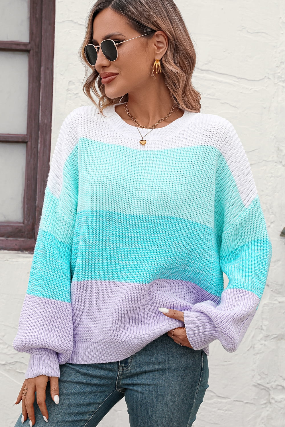 round neck color block ribbed pullover sweater