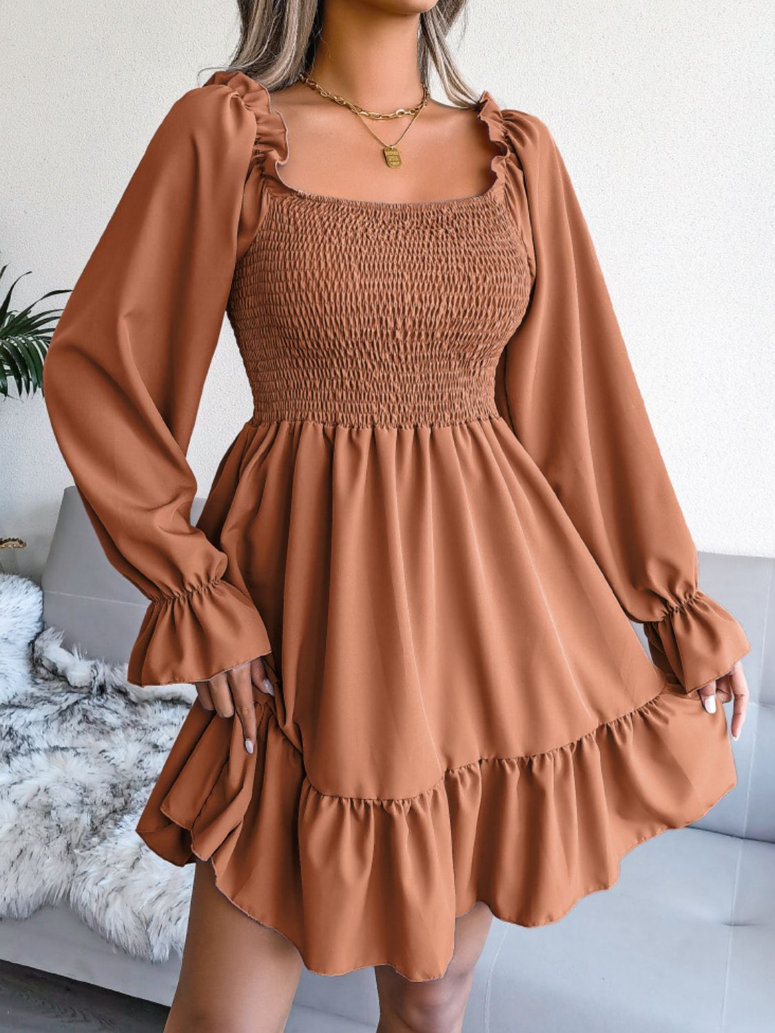 smocked flounce sleeve square neck dress