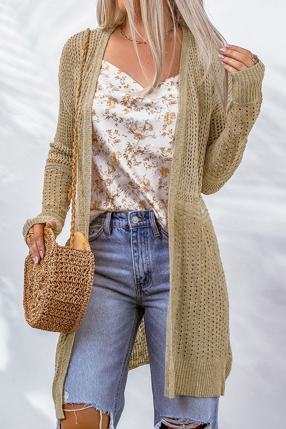 double take openwork dropped shoulder open front cardigan