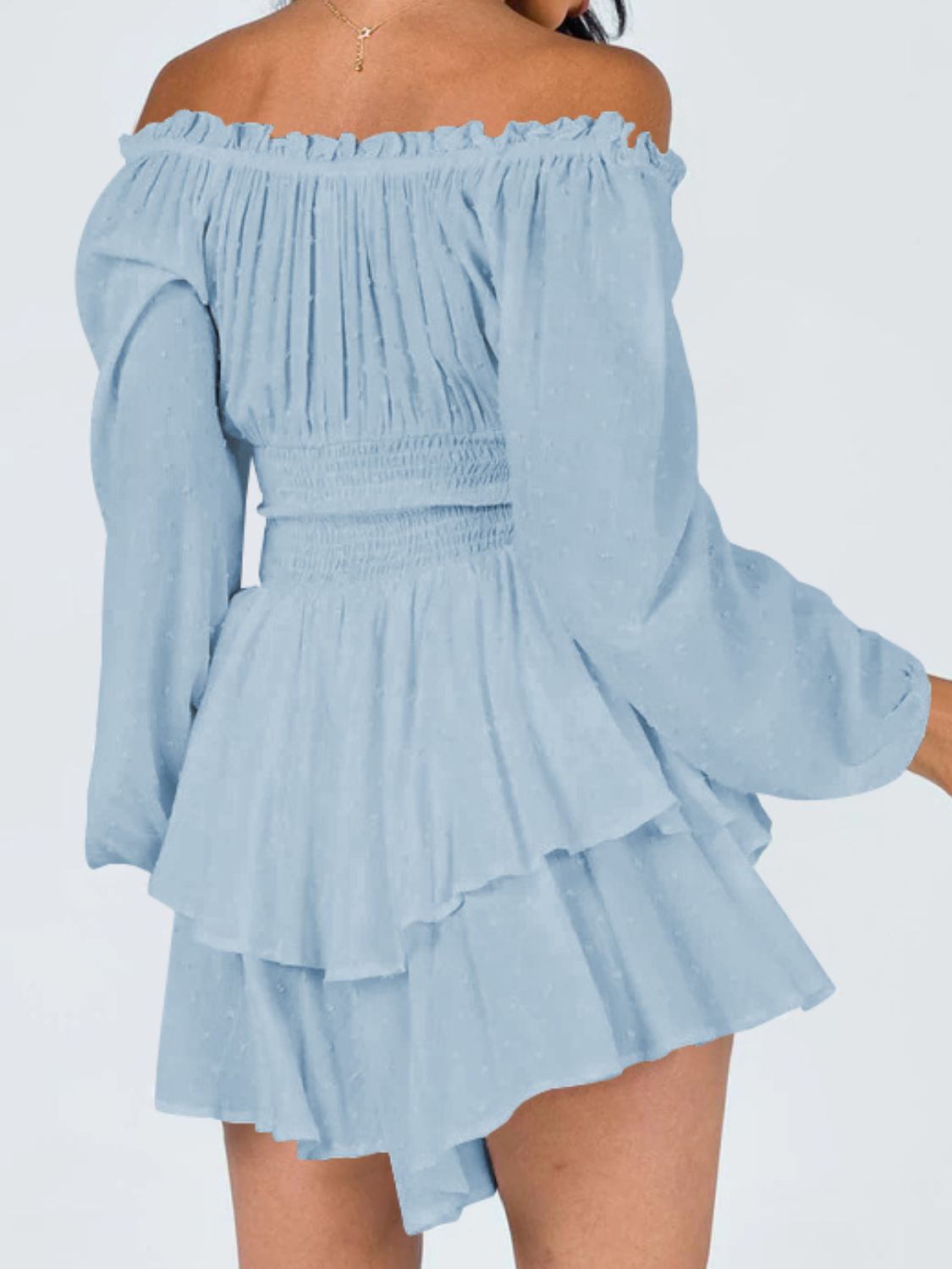 off shoulder smocked waist romper