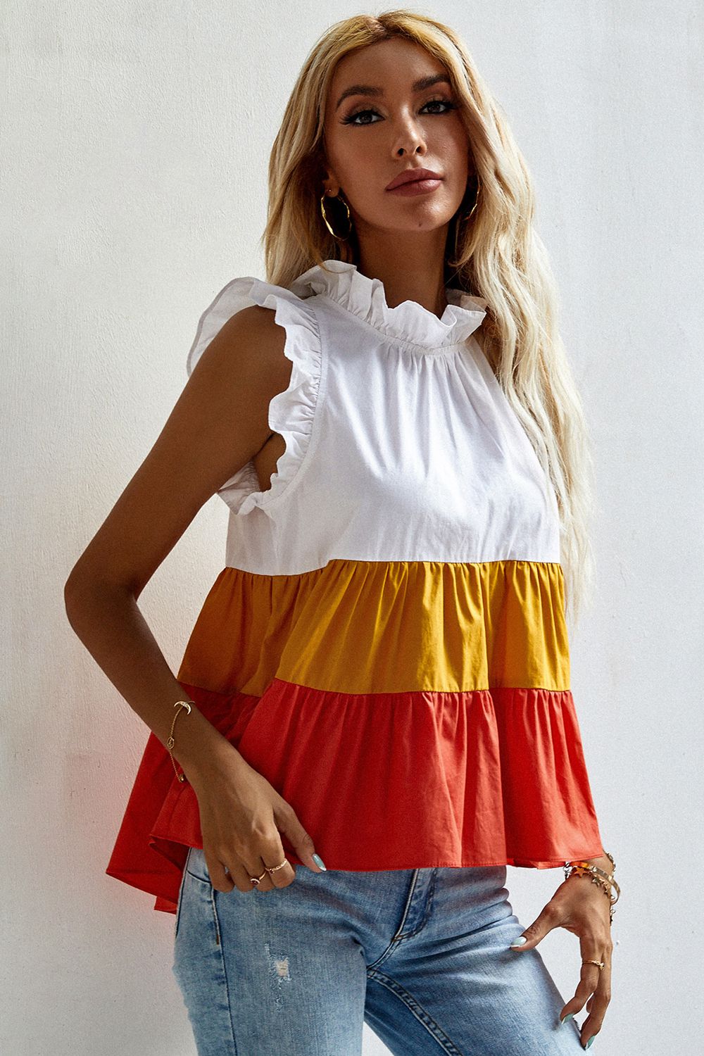 ruffle trim mock neck sleeveless color block tank top