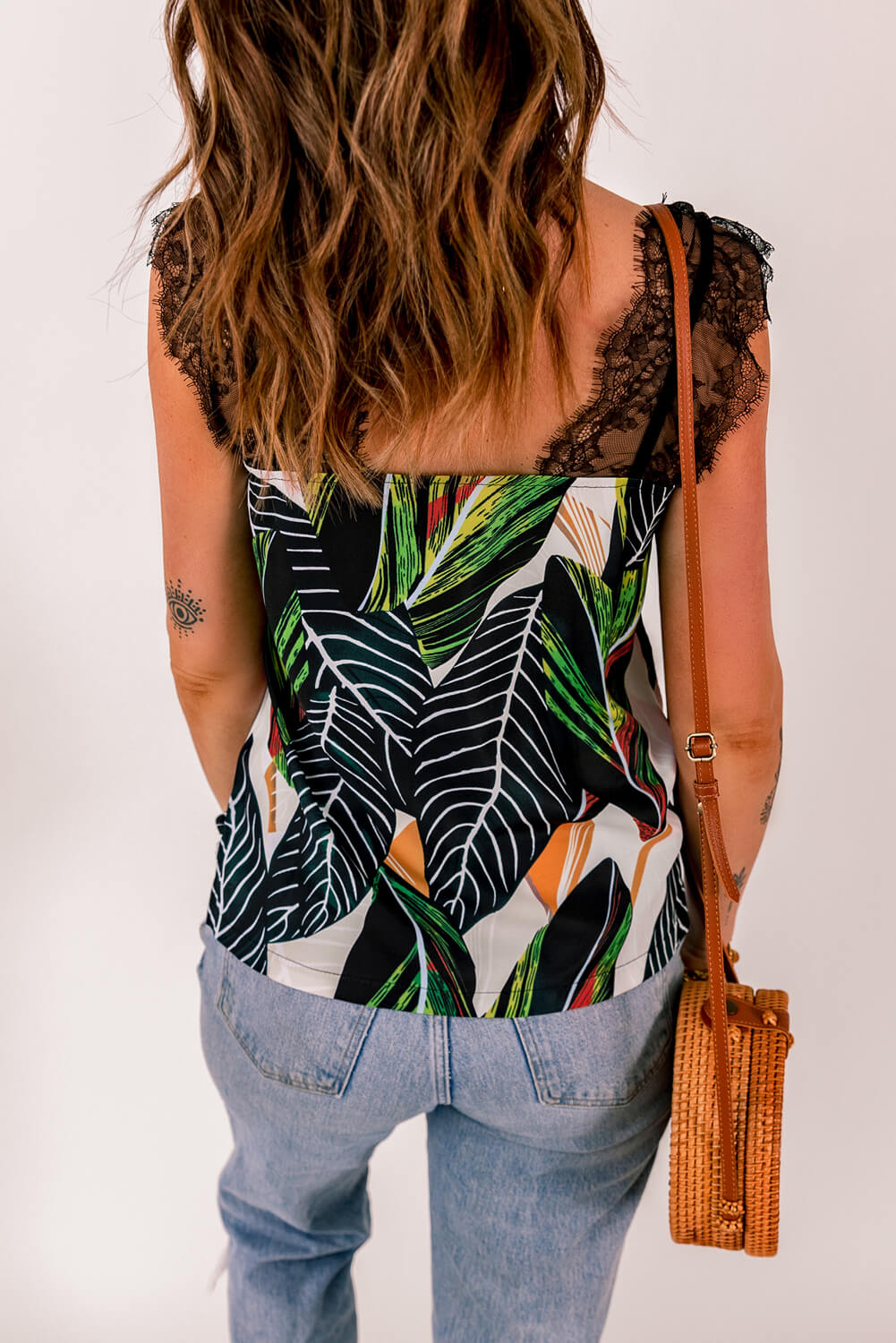 printed lace detail tank