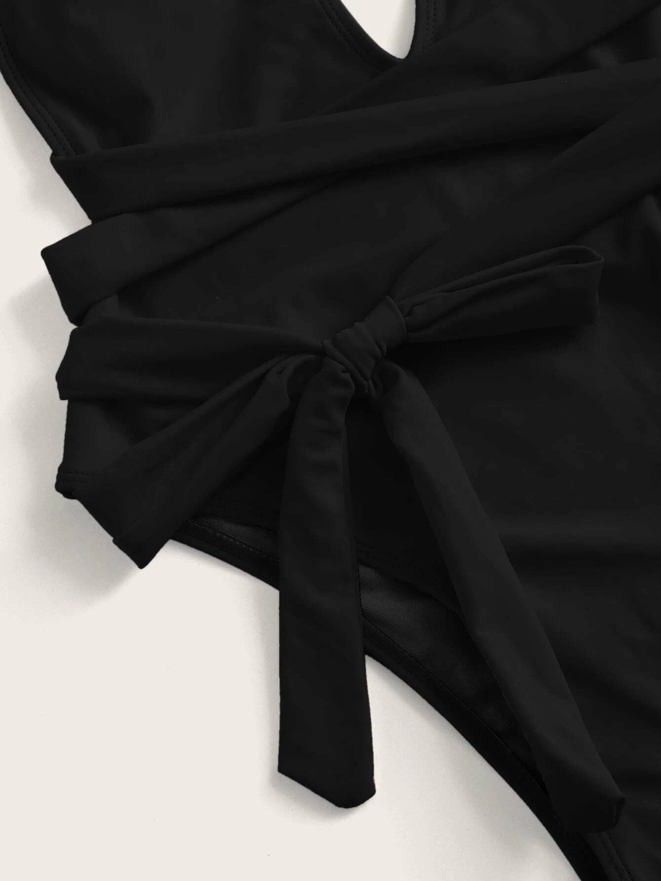halter neck deep v tied one-piece swimsuit