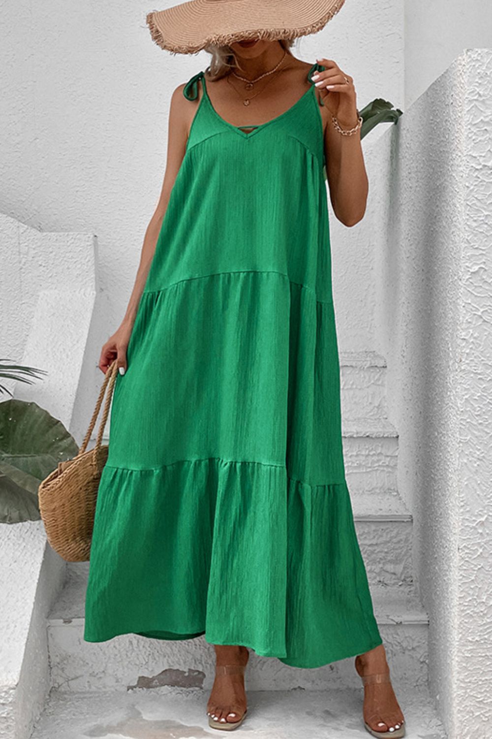 tie-shoulder tiered maxi dress