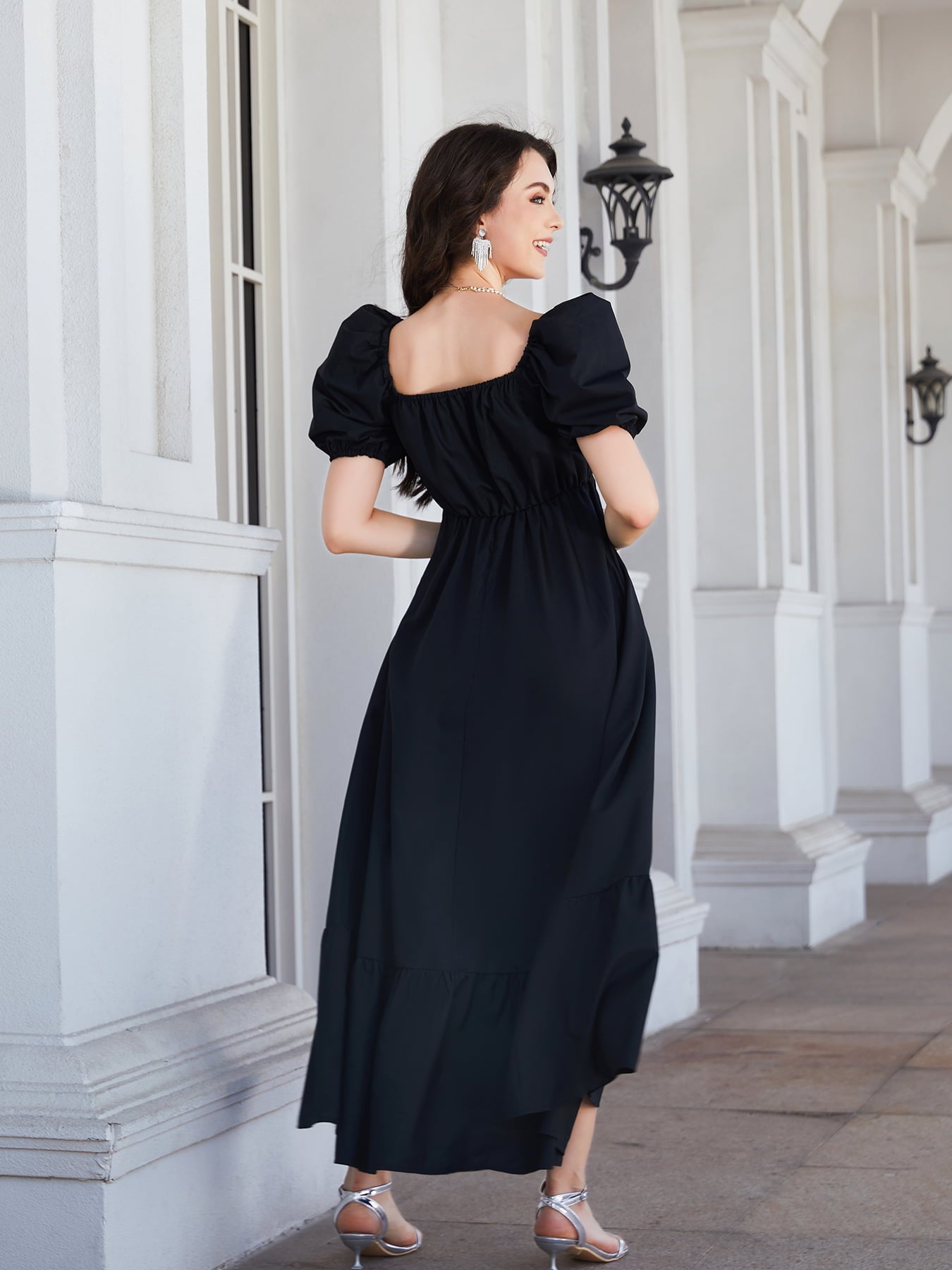 surplice neck ruffle hem balloon sleeve maxi dress