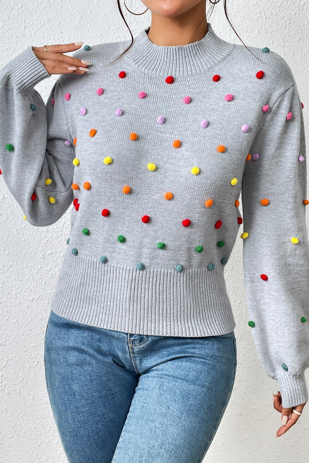 pom-pom trim mock neck long sleeve pullover sweater