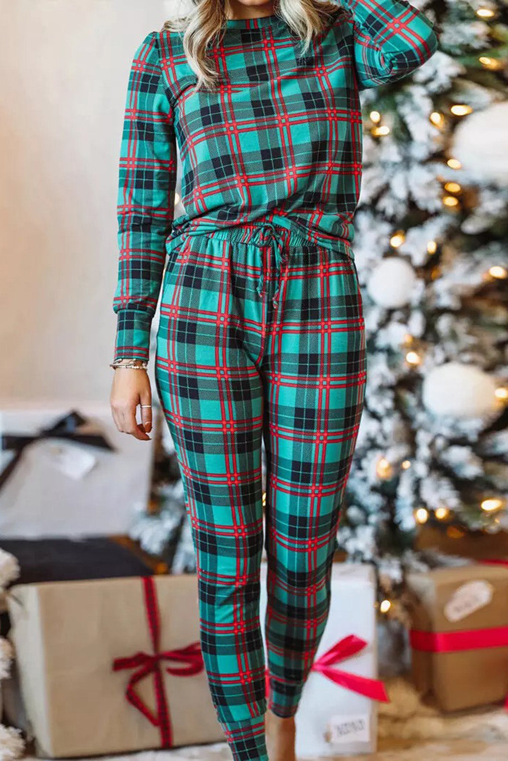 plaid long sleeve top and pants lounge set