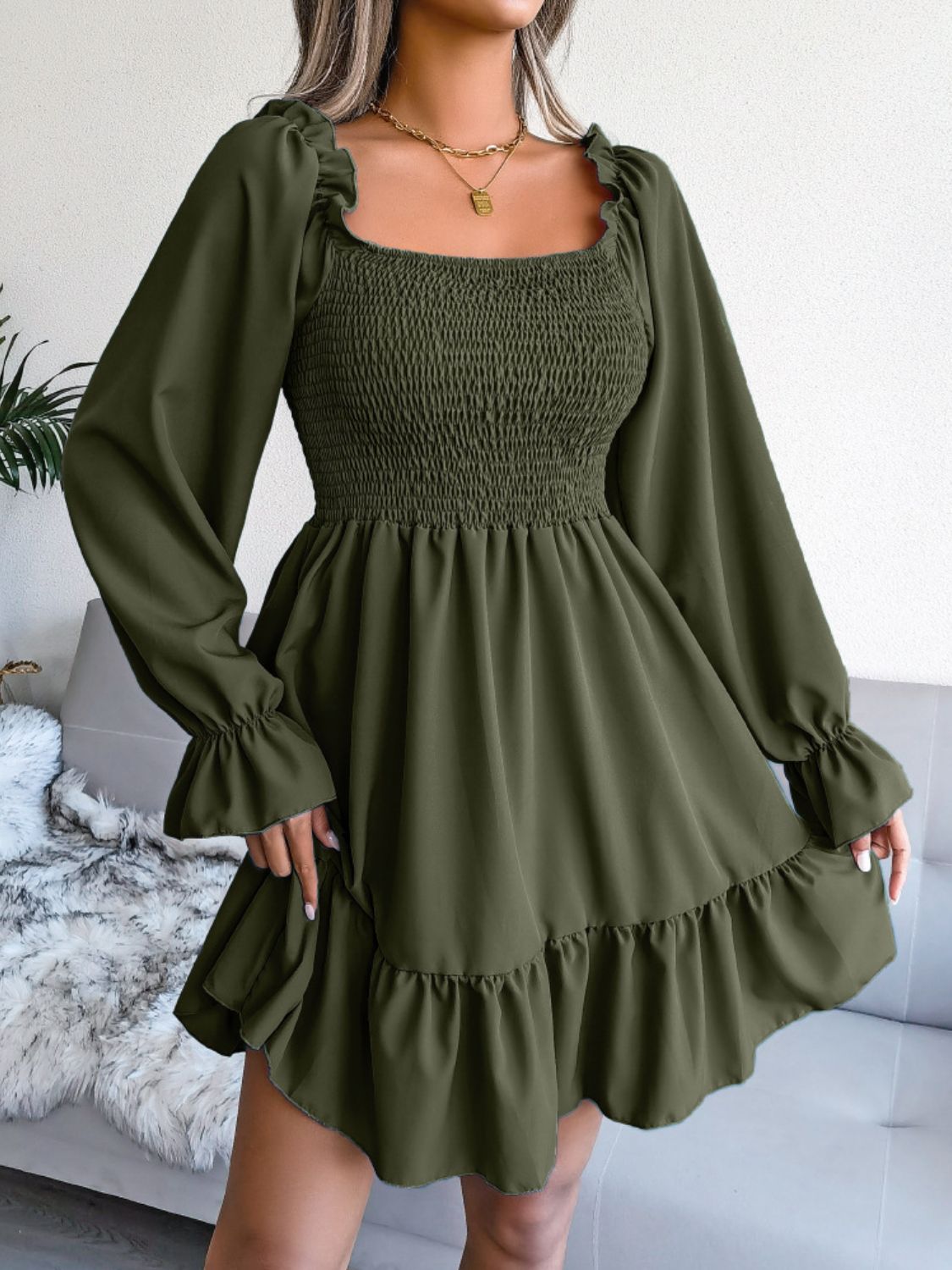 smocked flounce sleeve square neck dress