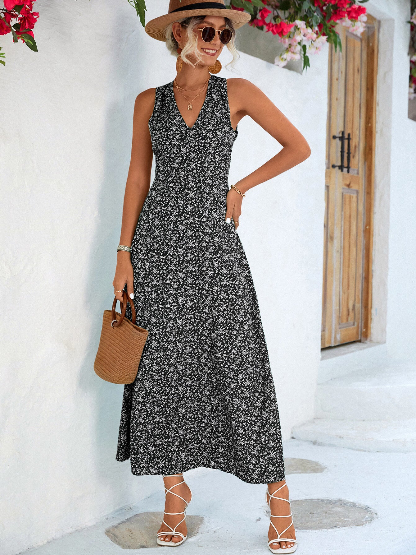 printed open back sleeveless maxi dress