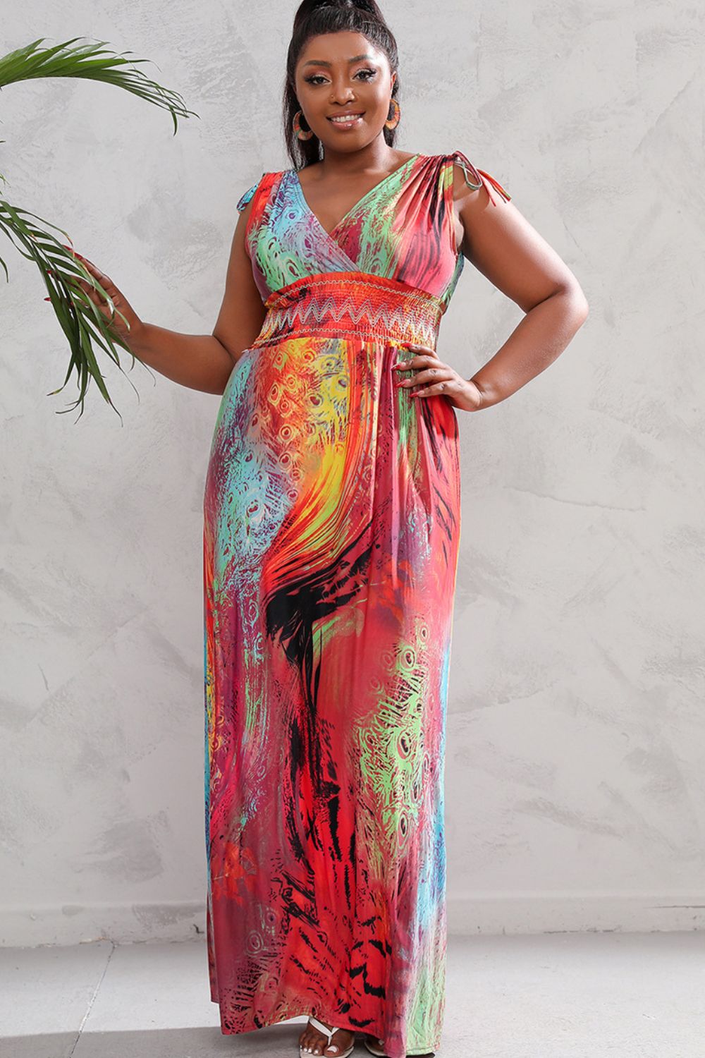 plus size surplice neck smocked waist maxi dress