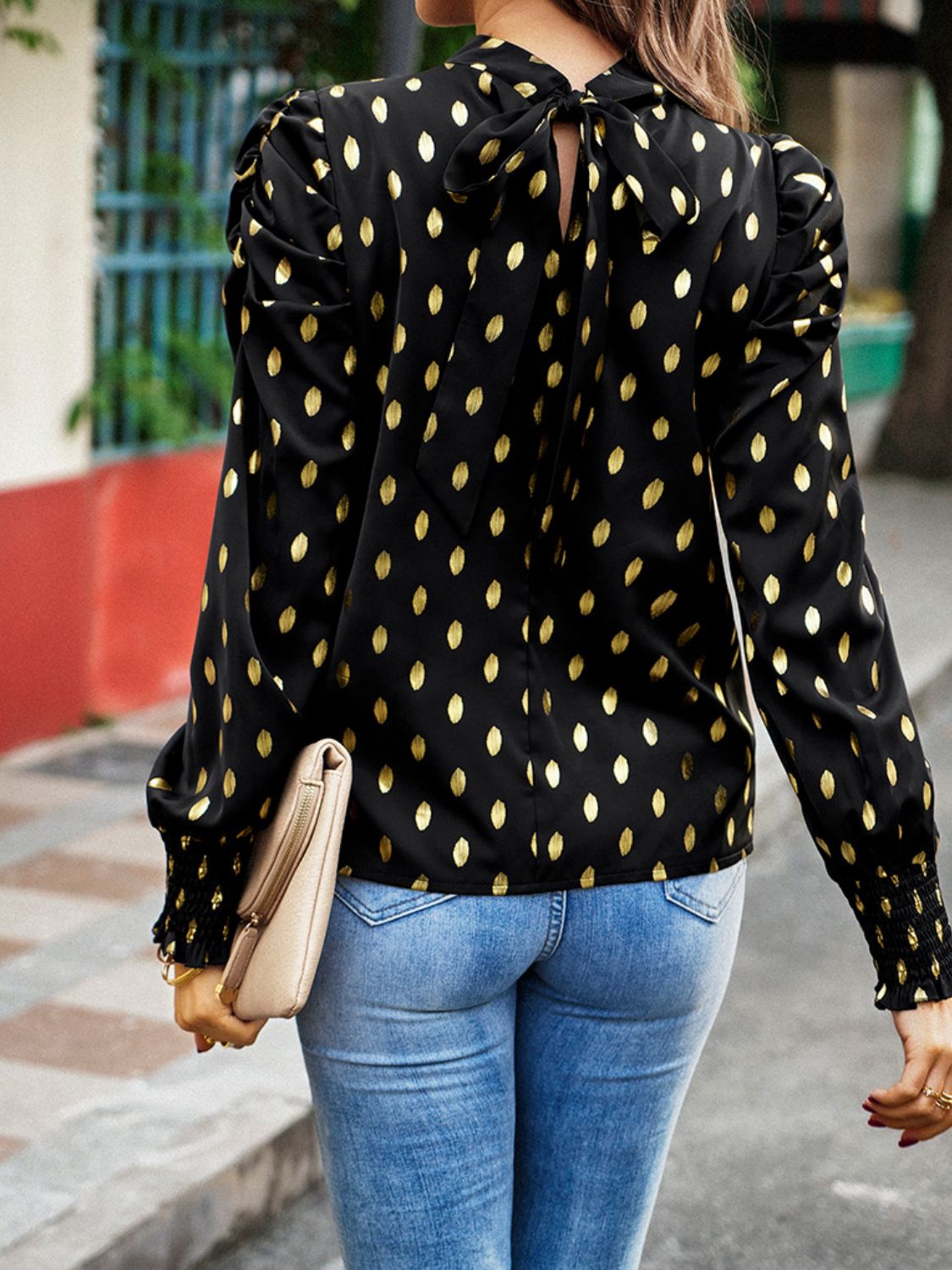 printed mock neck lantern sleeve blouse
