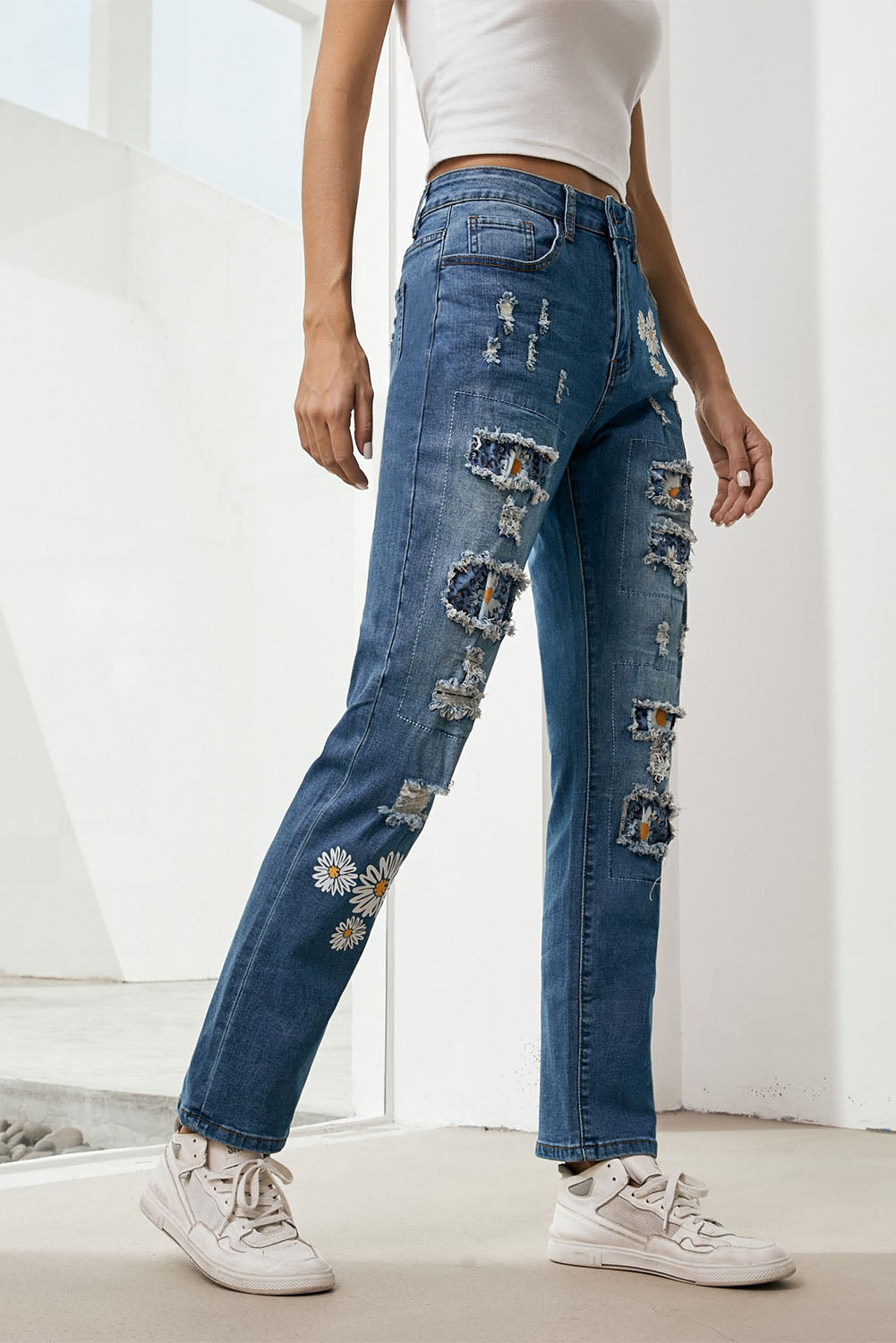 baeful printed patch distressed boyfriend jeans