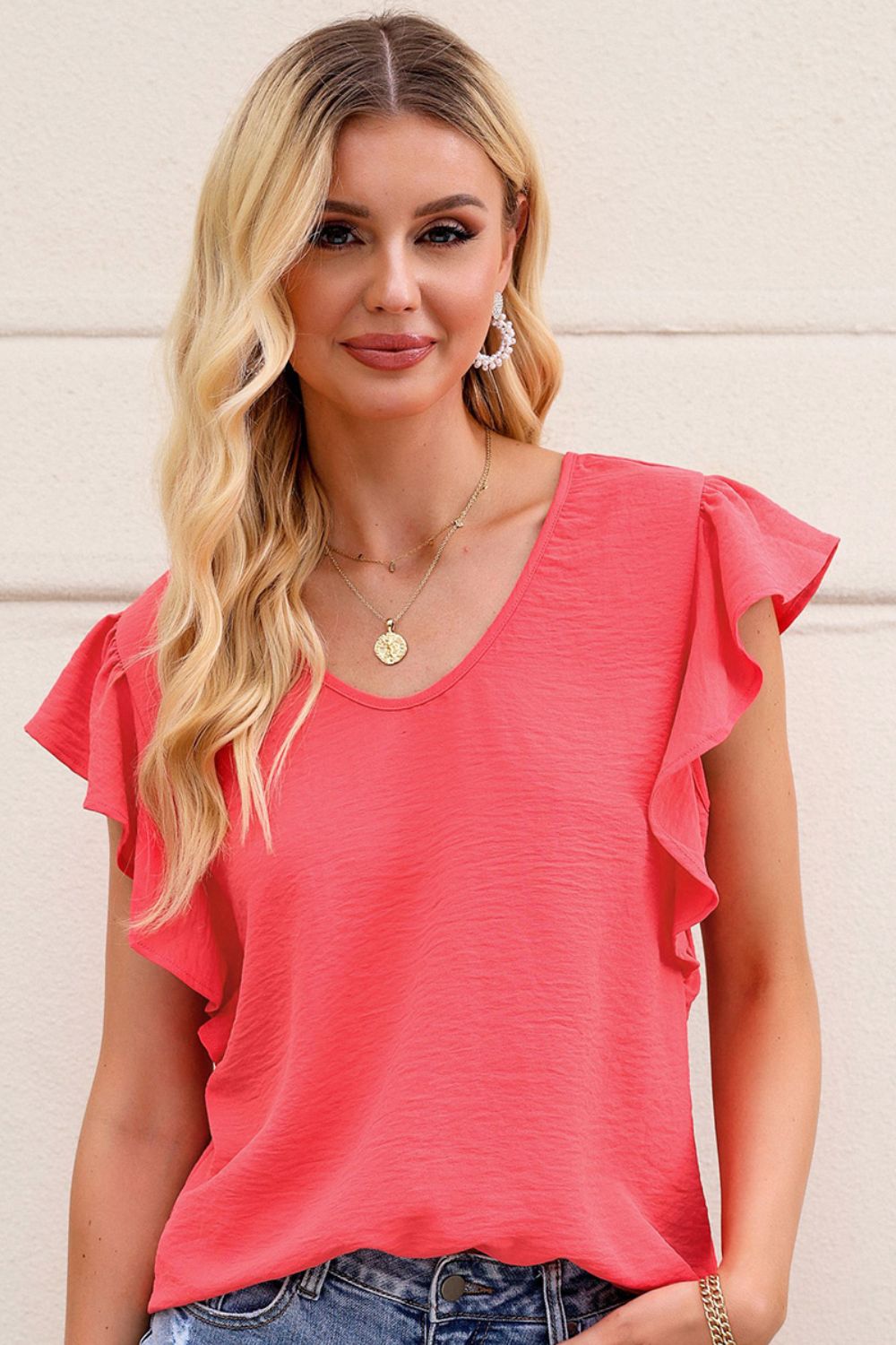 v-neck tied flutter sleeve blouse