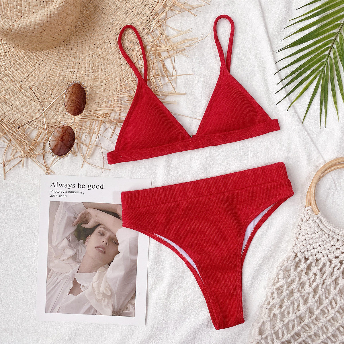 spaghetti strap ribbed bikini set
