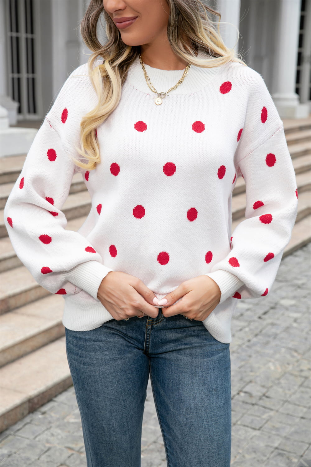 woven right polka dot round neck dropped shoulder sweater