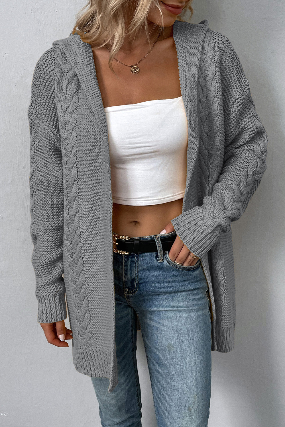 cable-knit dropped shoulder hooded cardigan