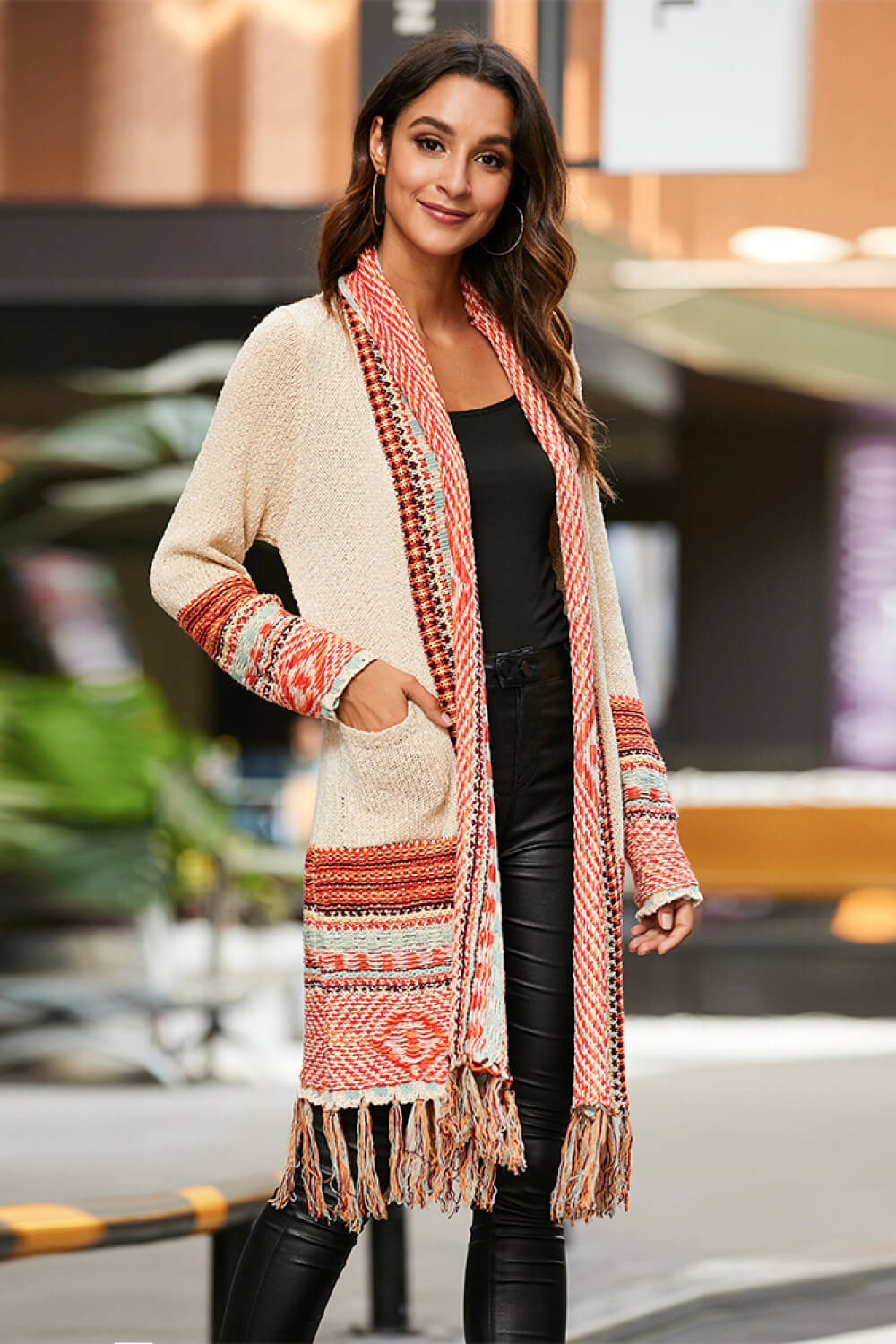 multicolored tassel hem open front cardigan