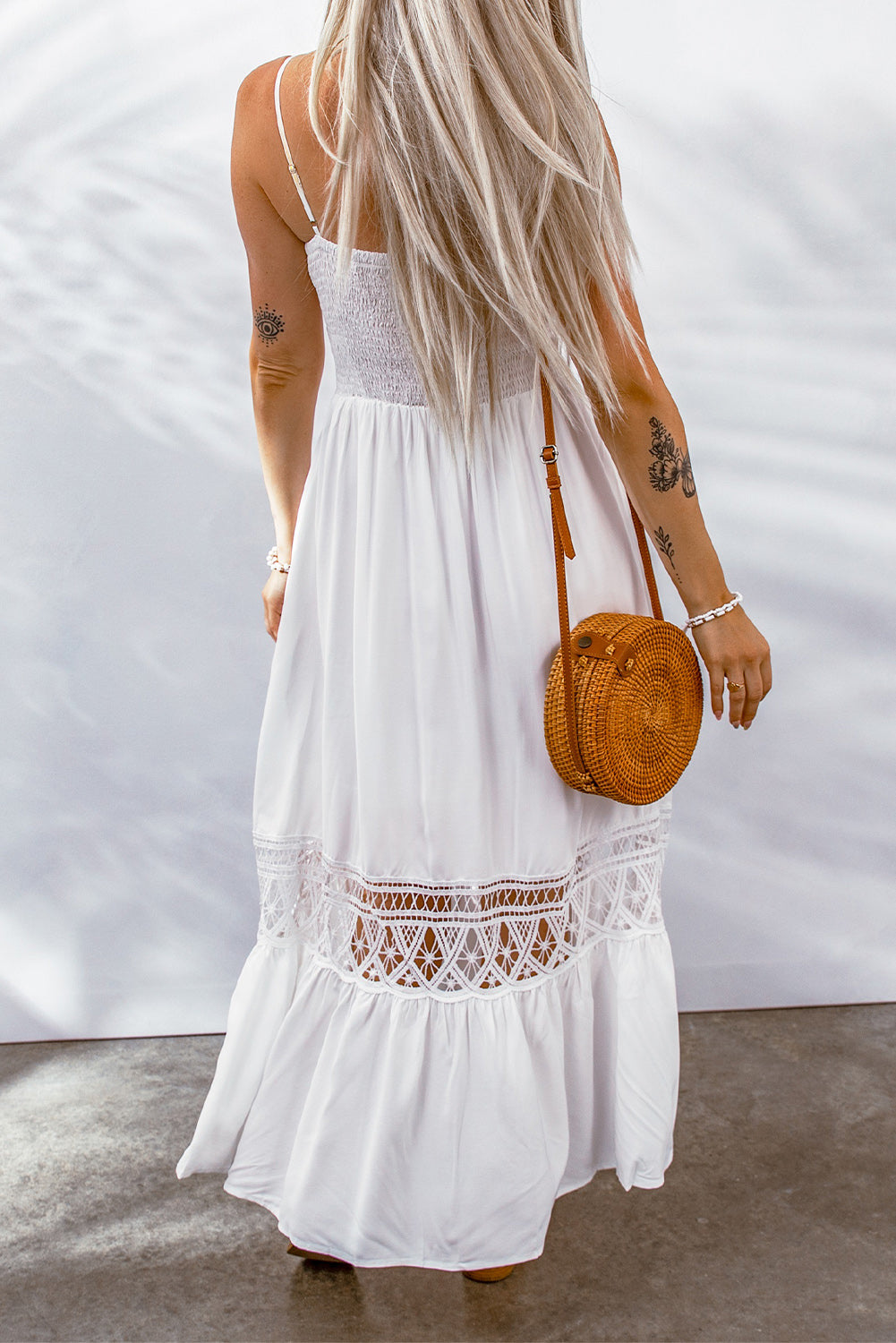 buttoned spliced lace spaghetti strap maxi dress