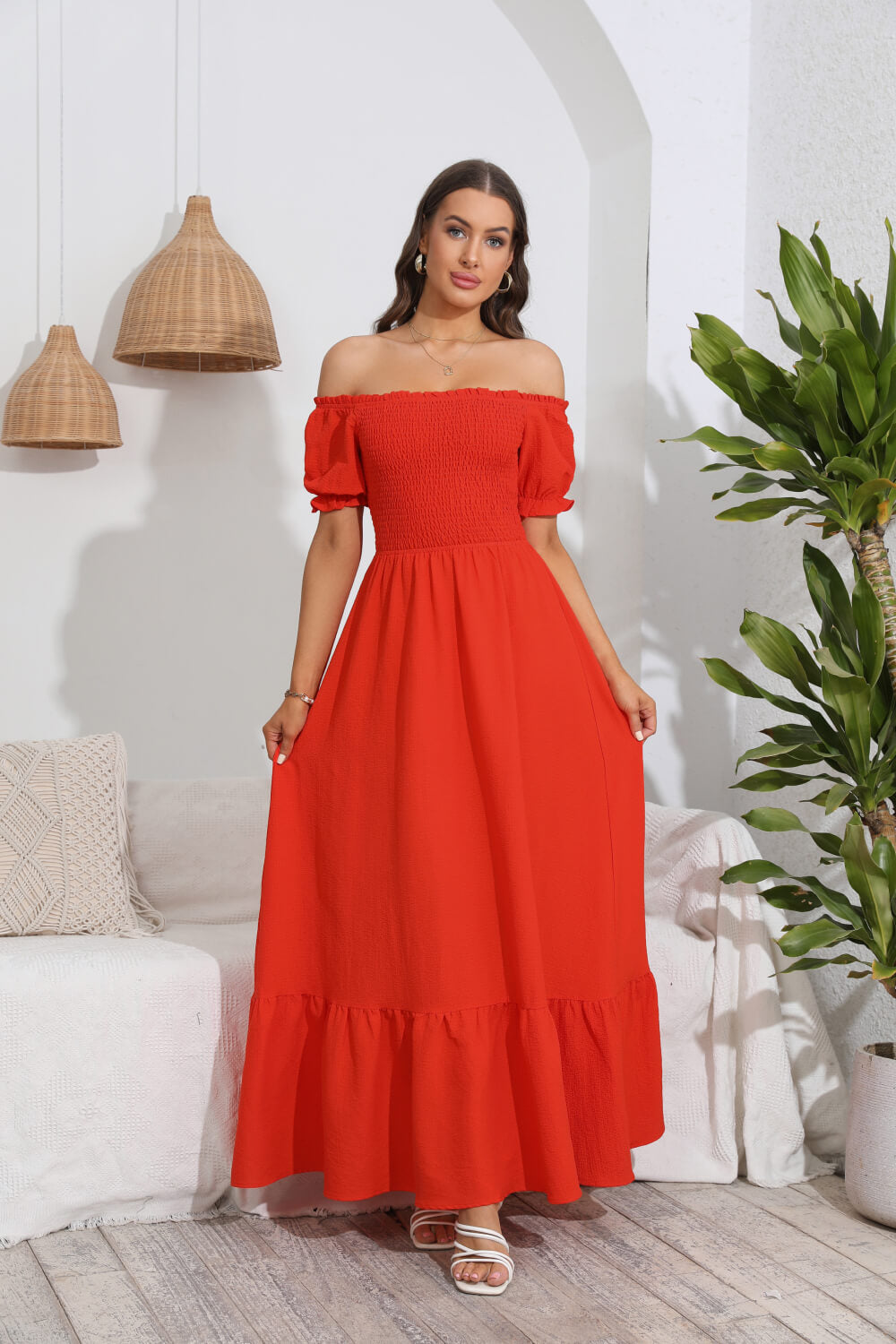 smocked off-shoulder maxi dress