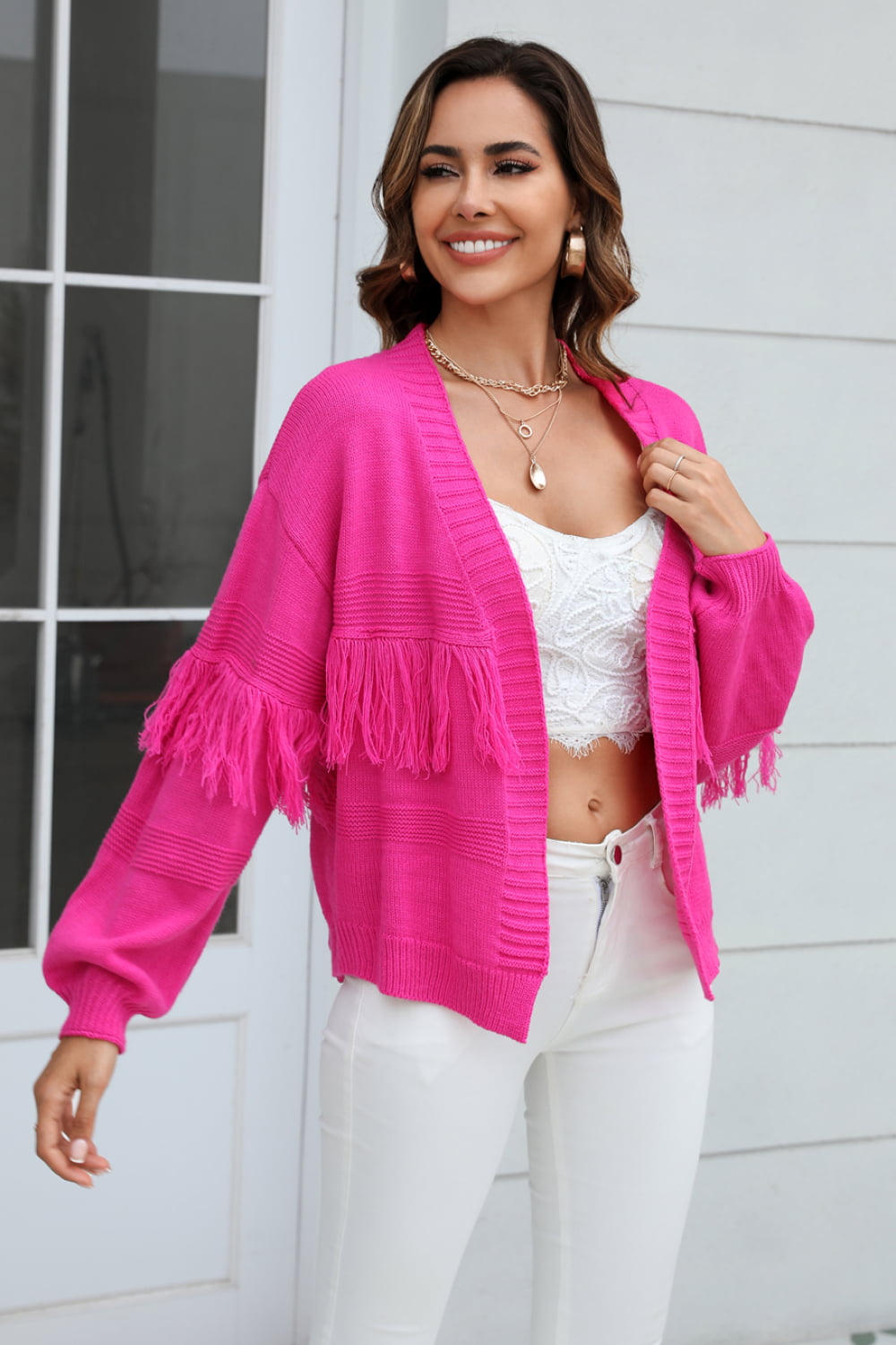 double take fringe trim open front cardigan