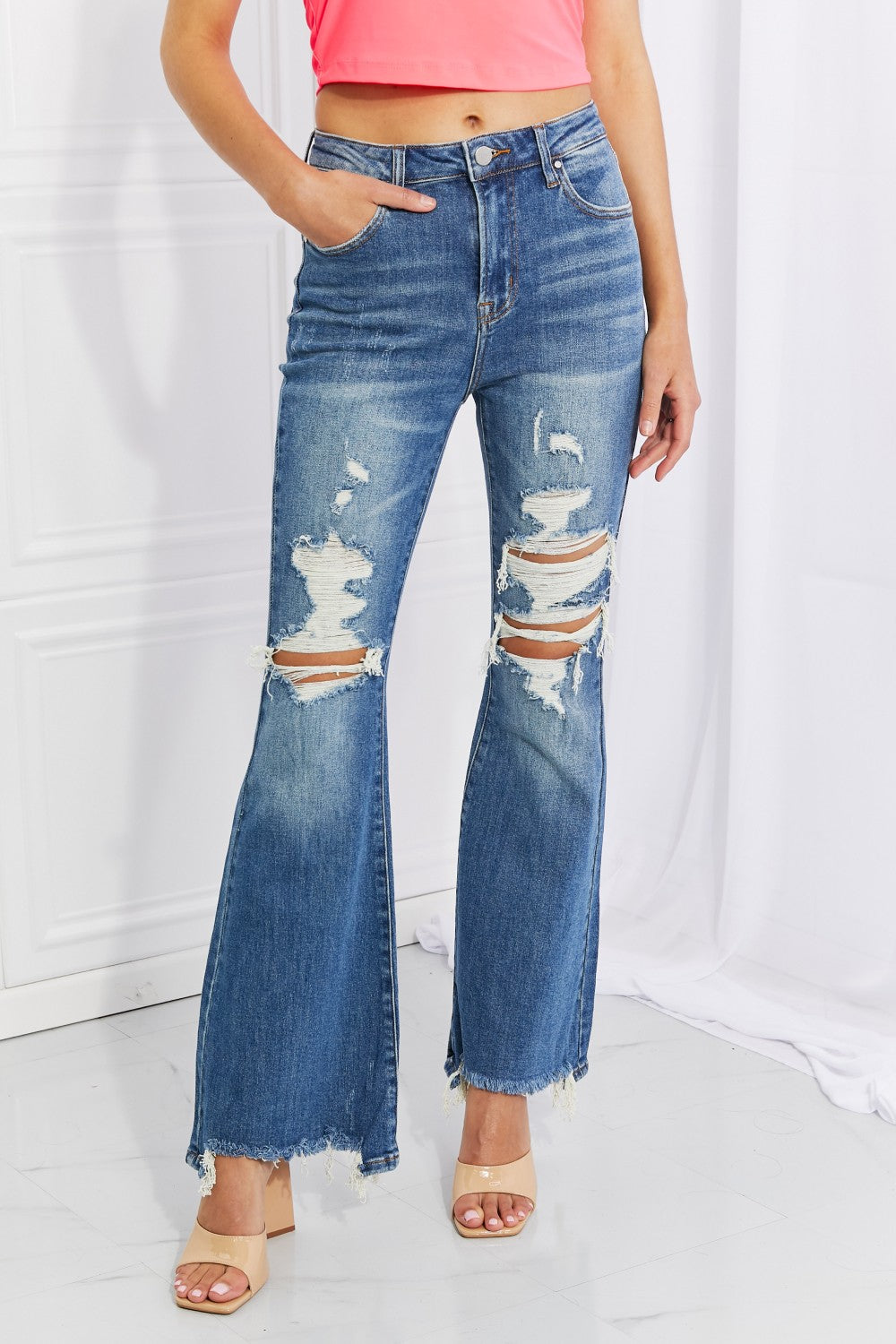 risen full size hazel high rise distressed flare jeans