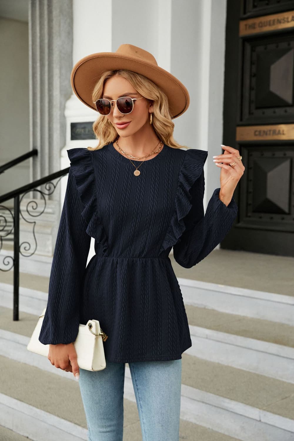 round neck ruffled peplum blouse