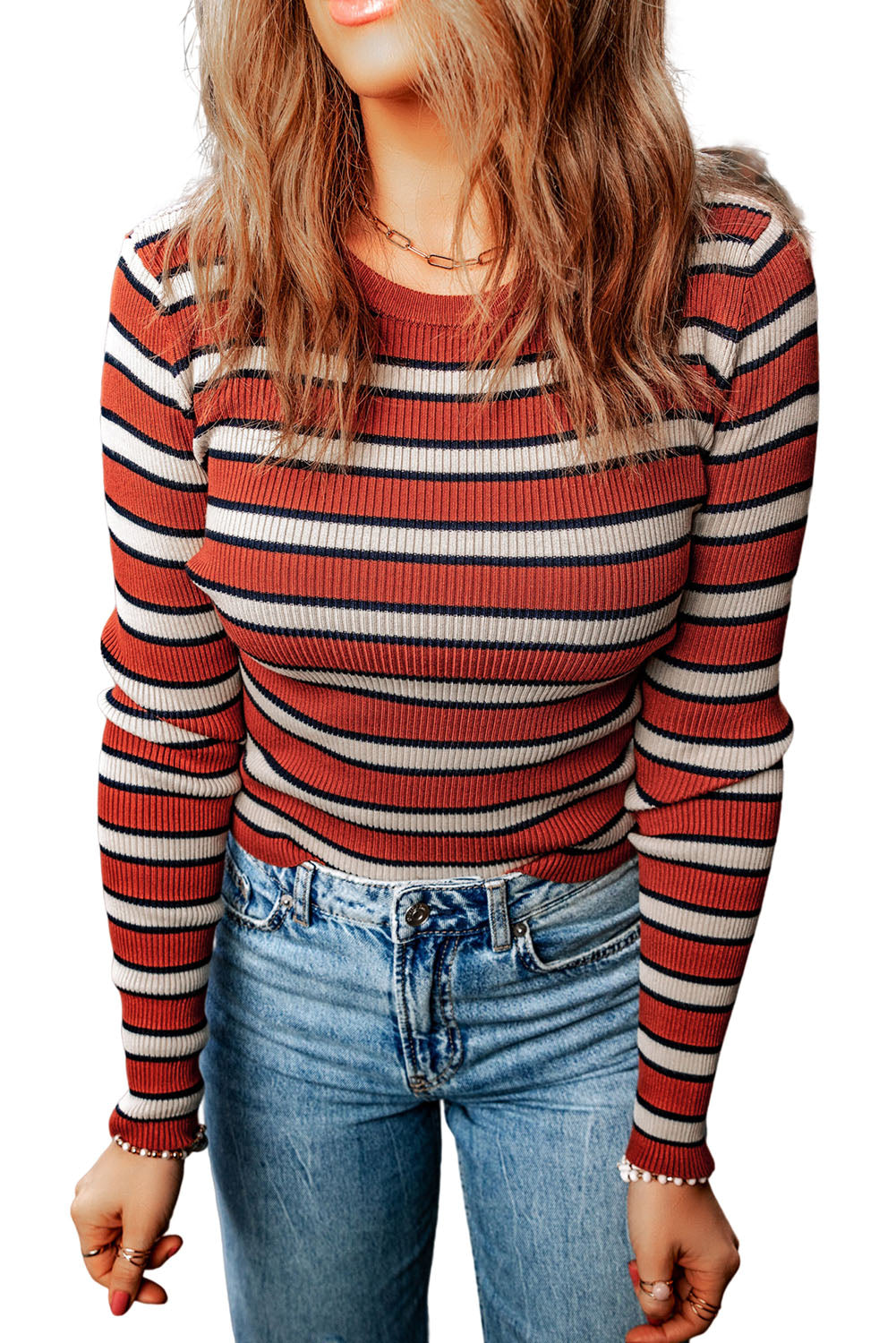 double take striped round neck long sleeve top