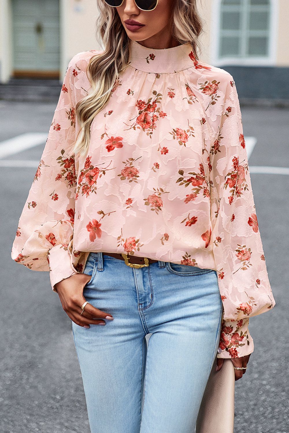 floral print mock neck lantern sleeve blouse