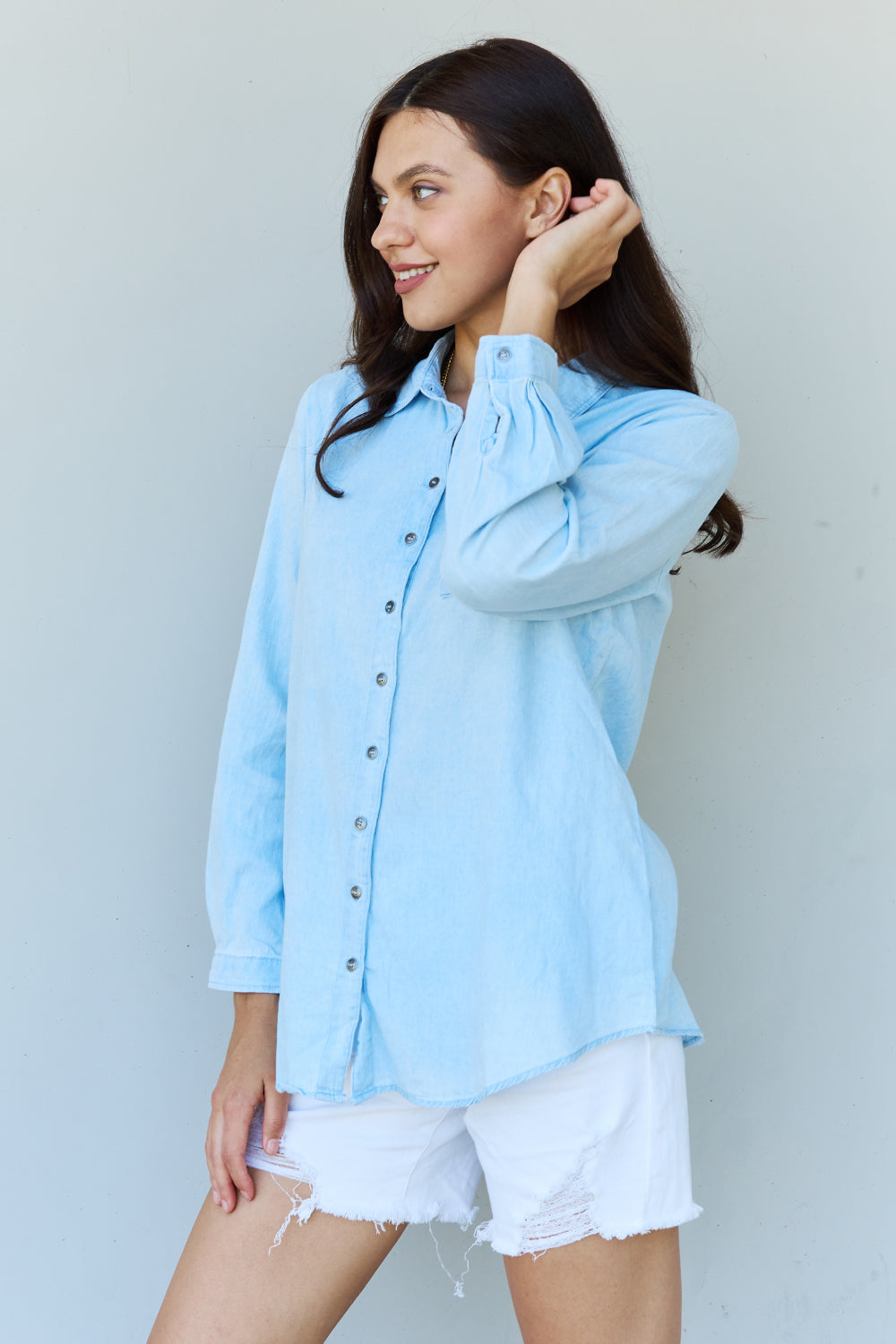 doublju blue jean baby denim button down shirt top in light blue