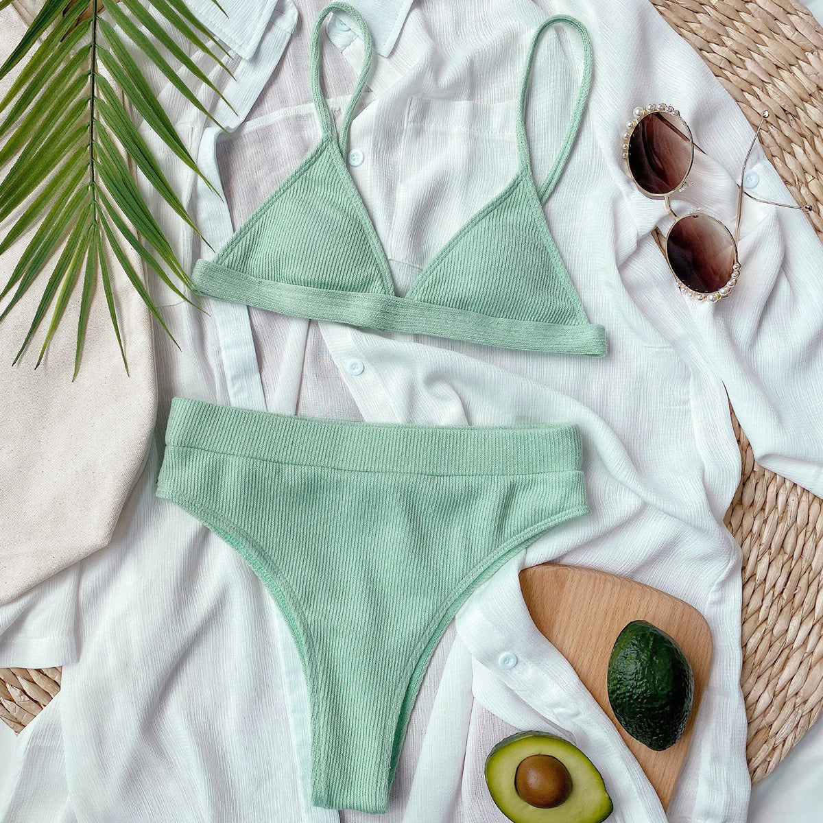 spaghetti strap ribbed bikini set
