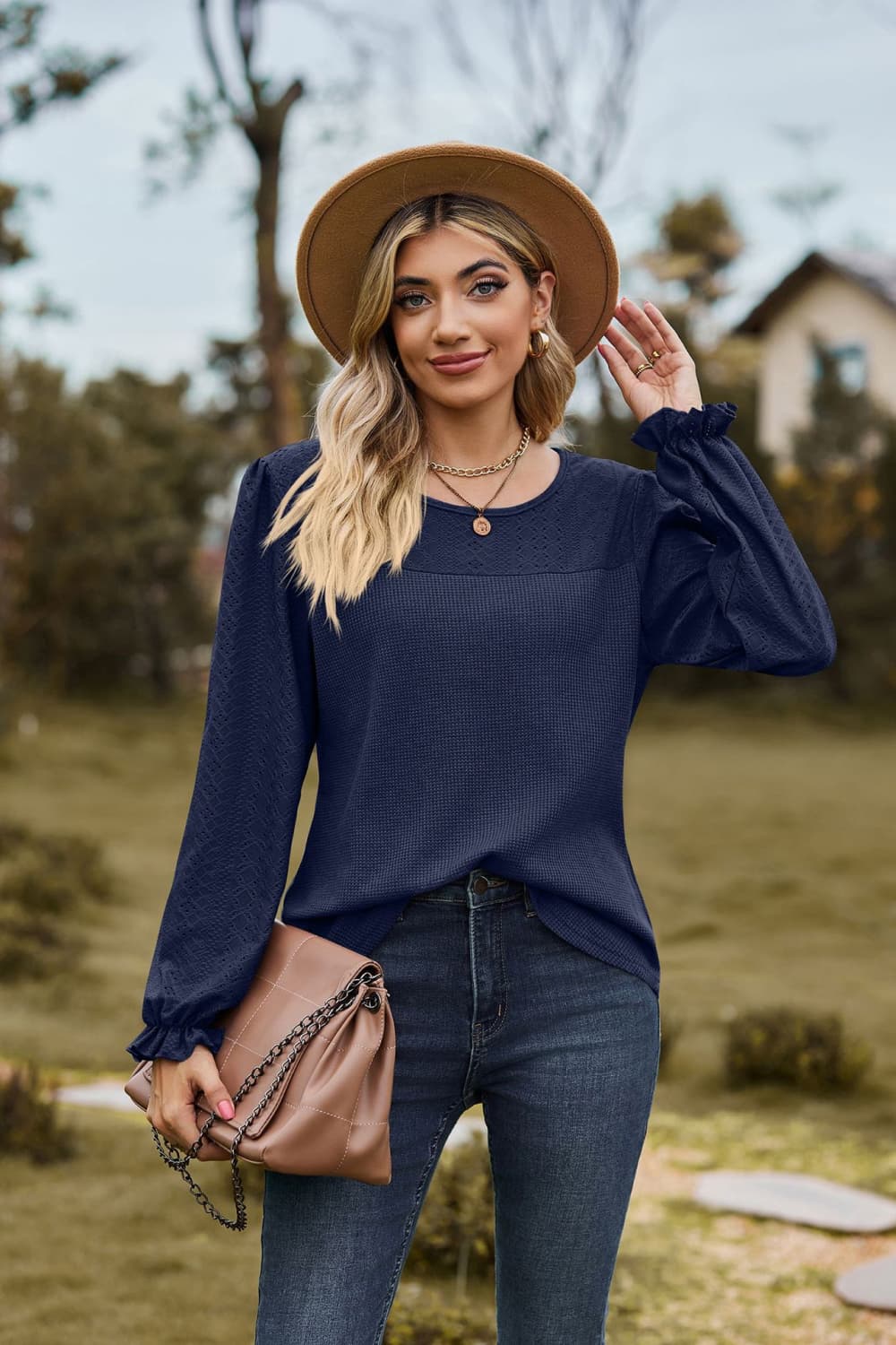 round neck puff sleeve blouse