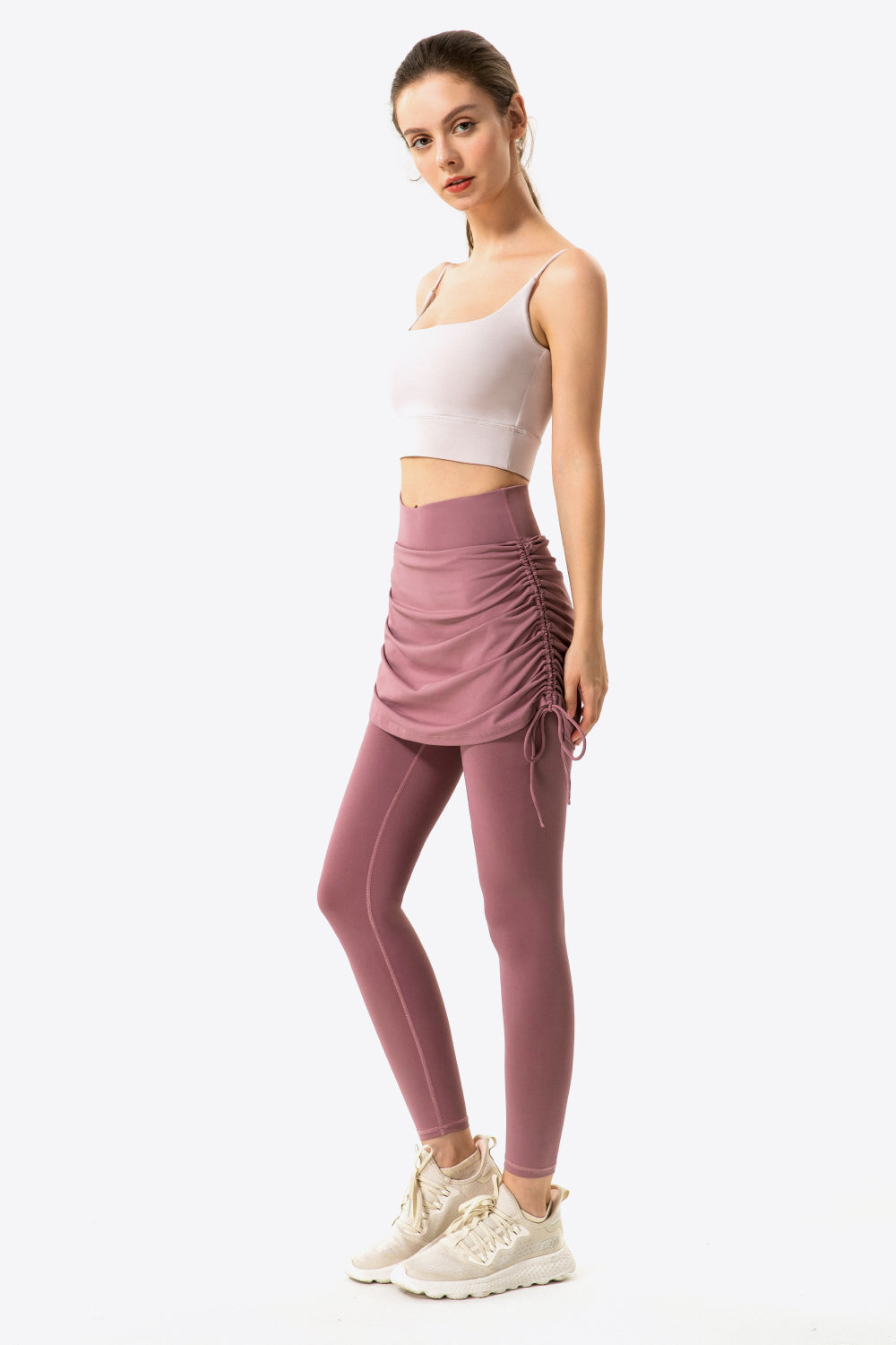 drawstring ruched faux layered yoga leggings