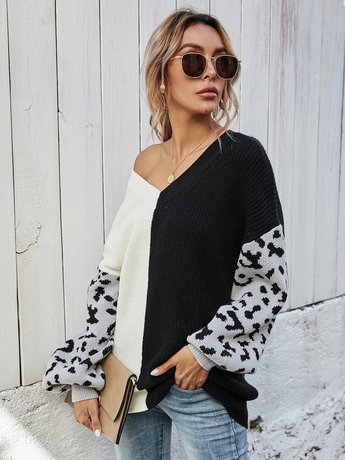 woven right leopard color block v-neck tunic pullover sweater