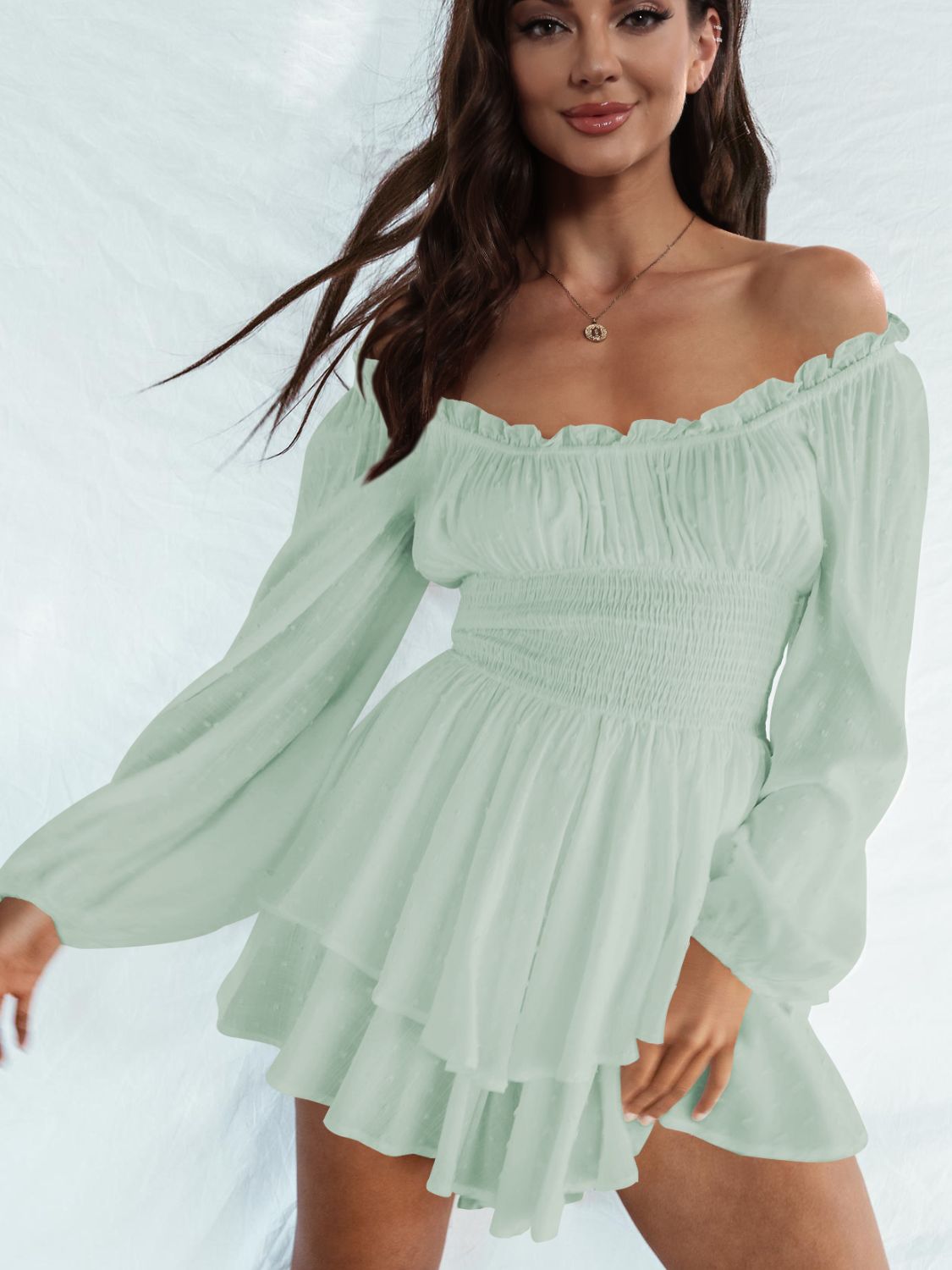 off shoulder smocked waist romper