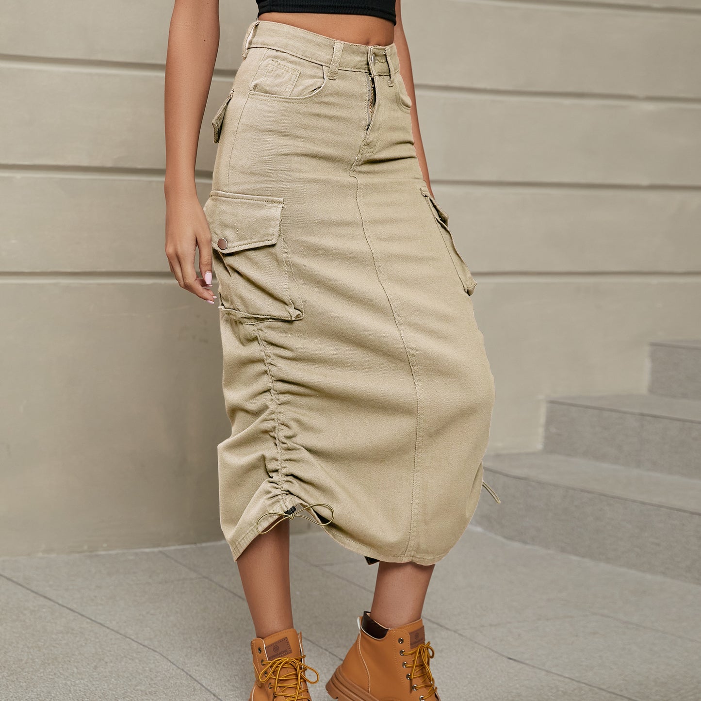 drawstring ruched slit denim midi skirt