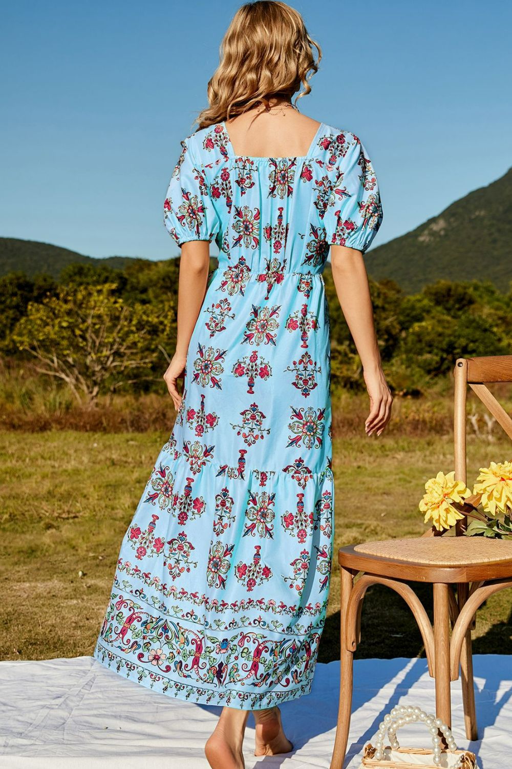 floral ruched puff sleeve tiered maxi dress