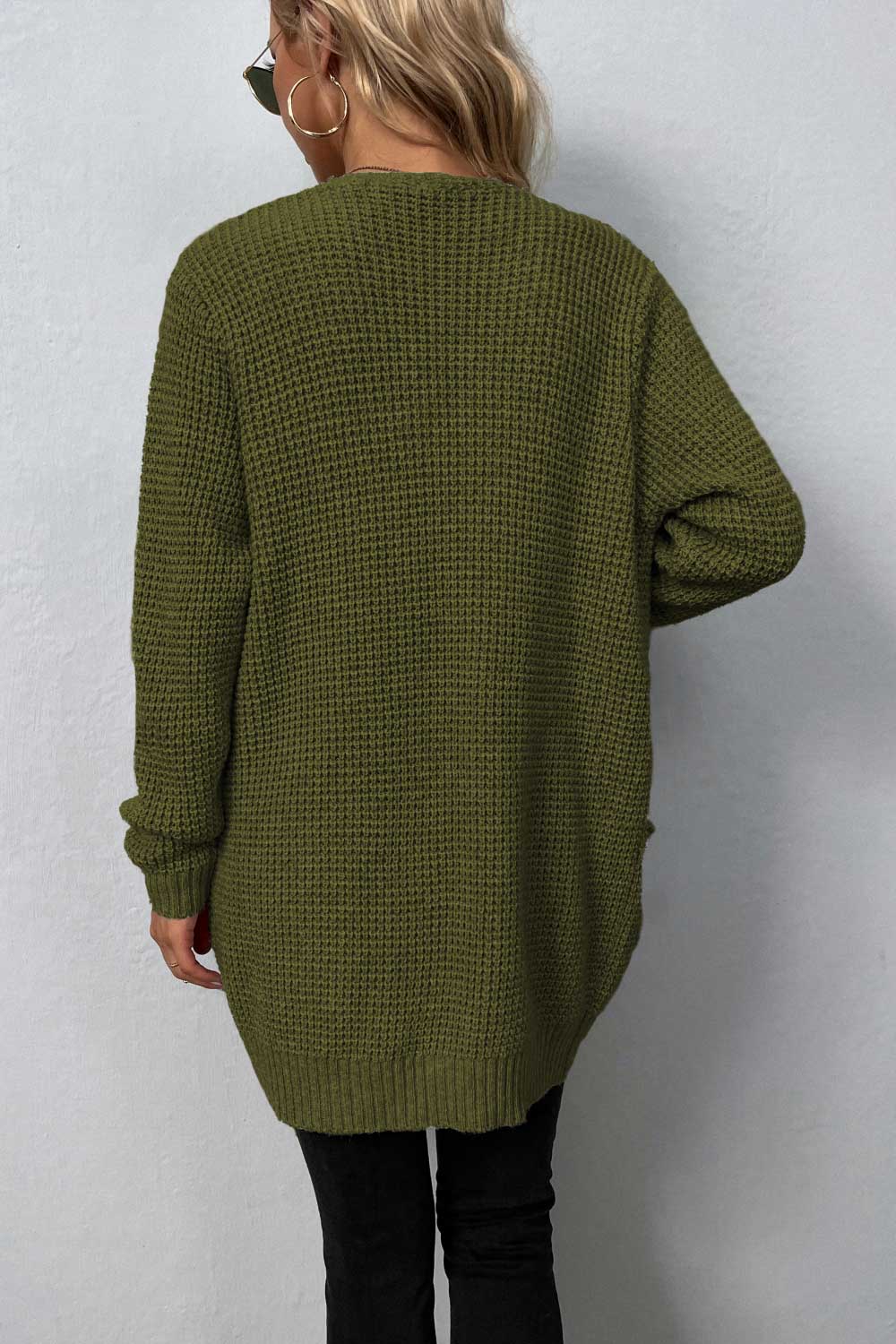 rib-knit open front pocketed cardigan