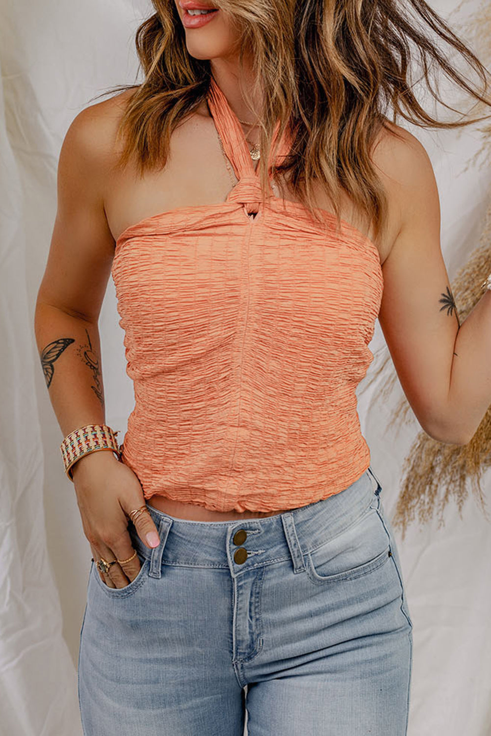 smocked halter neck top