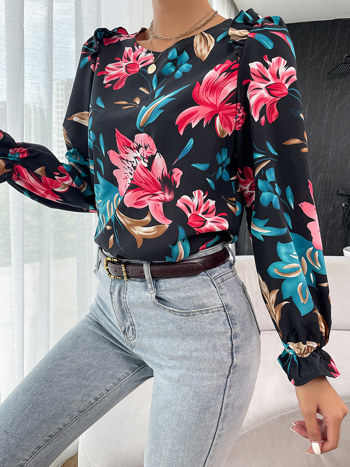 floral ruffle shoulder flounce sleeve blouse