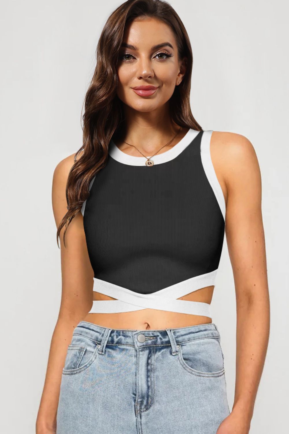 contrast tie back round neck tank