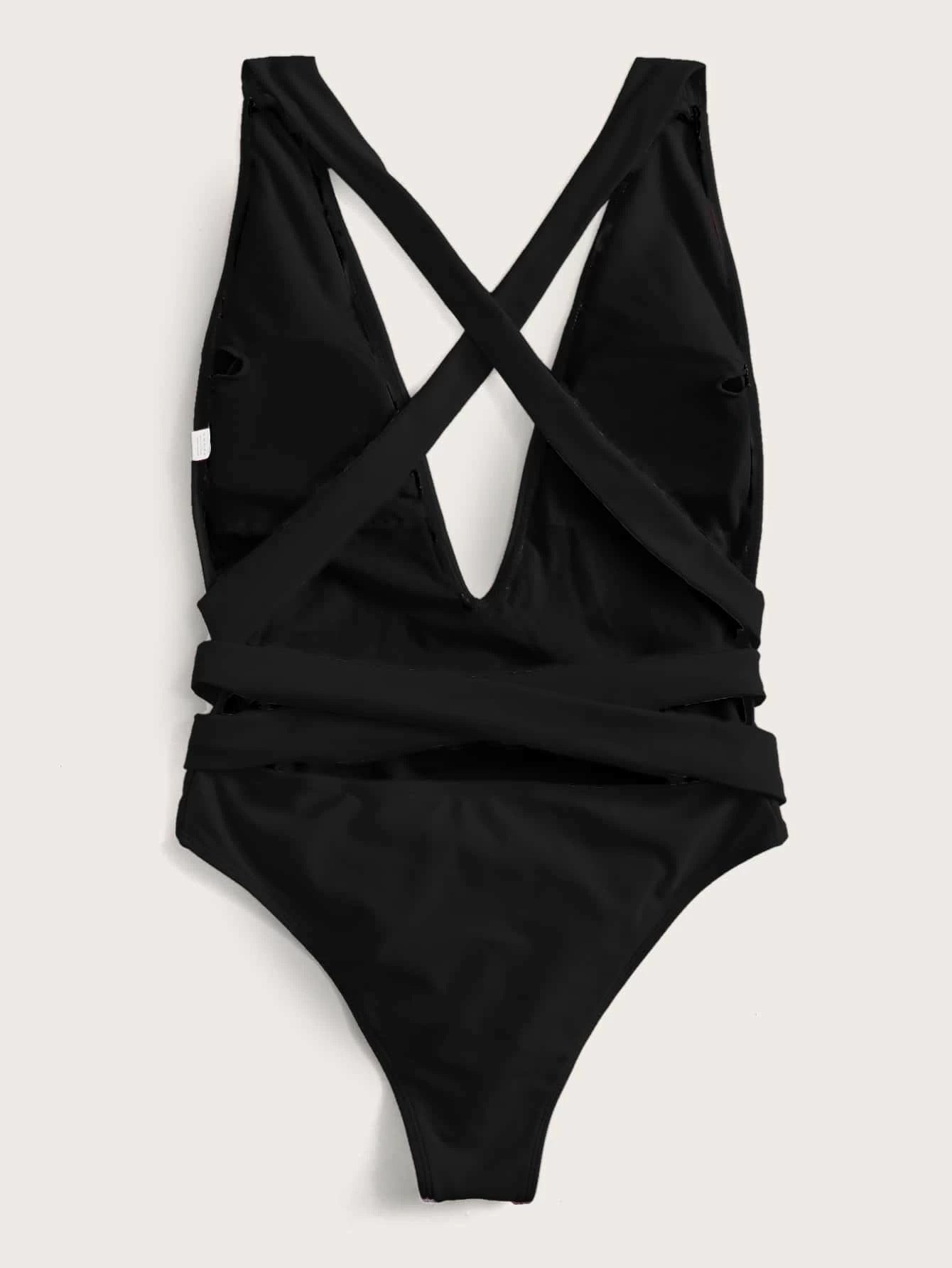 halter neck deep v tied one-piece swimsuit