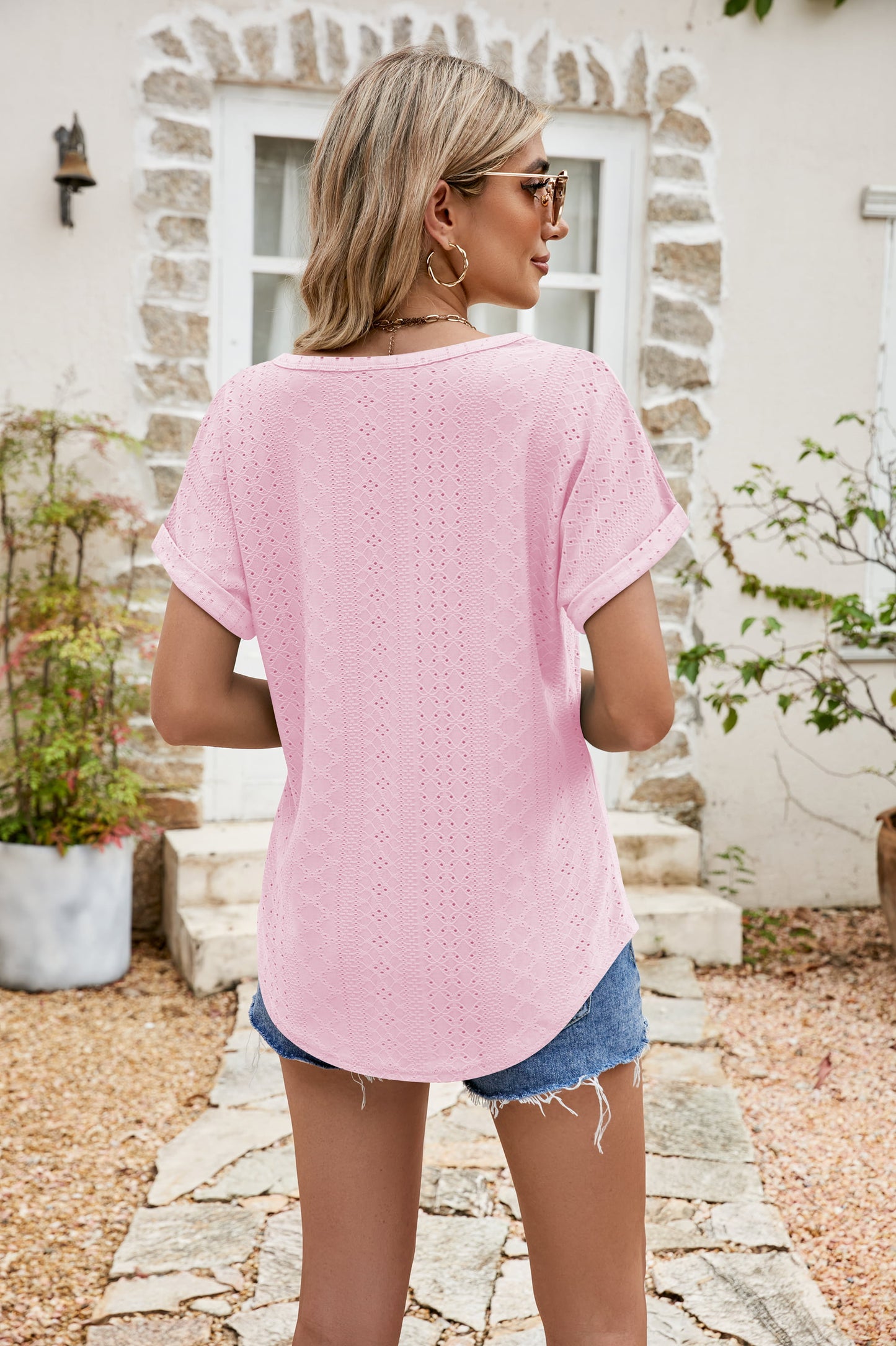 full size round neck eyelet short sleeve top