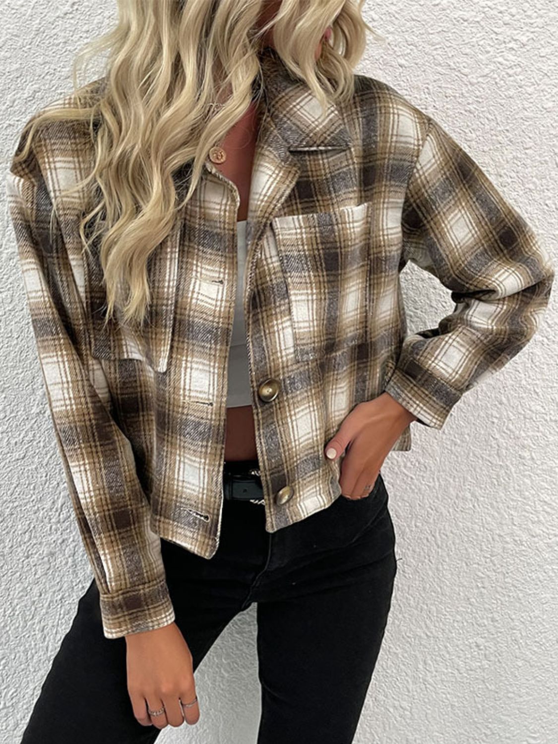 plaid button-up dropped shoulder shacket