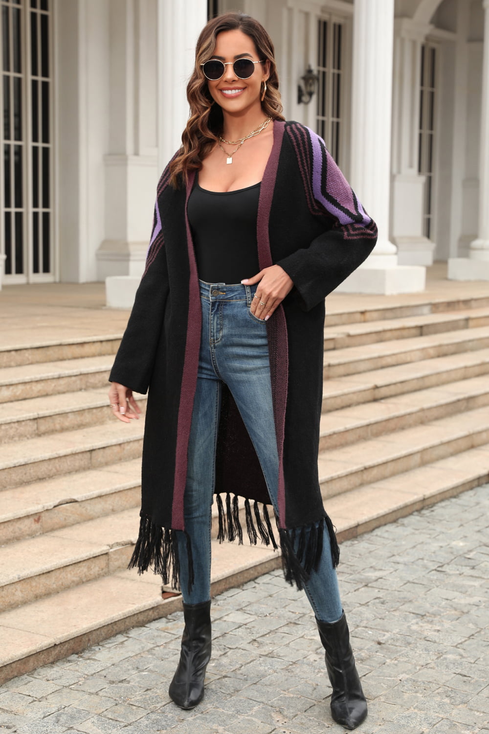 double take geometric fringe hem open front duster cardigan