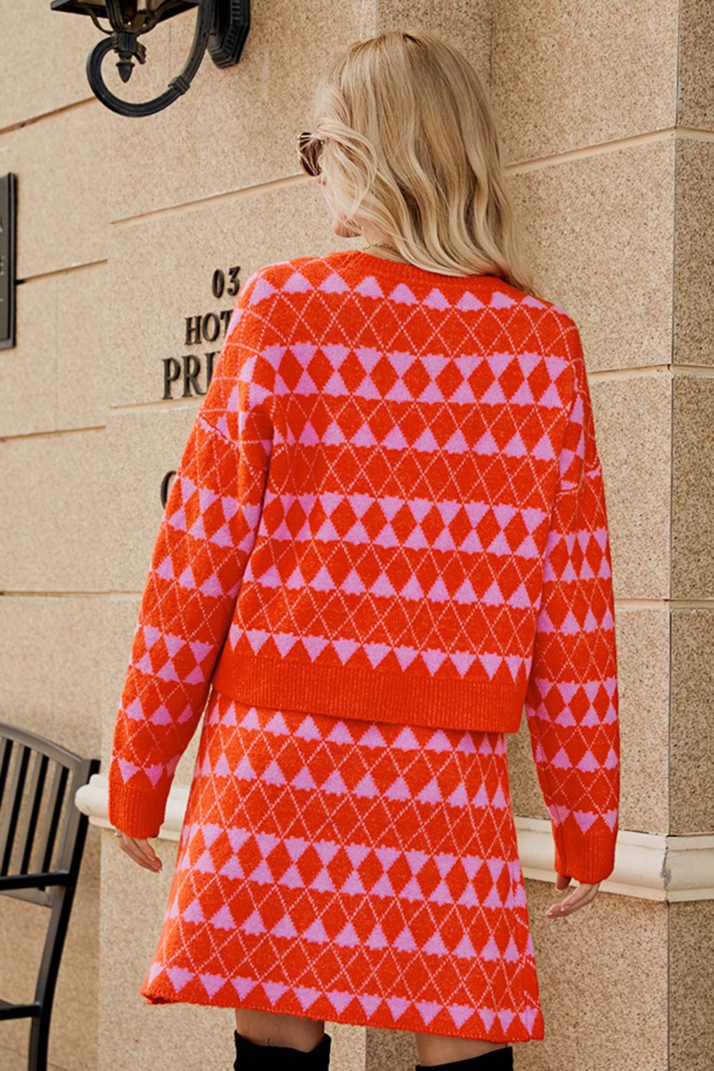 geometric dropped shoulder cardigan and knit skirt set